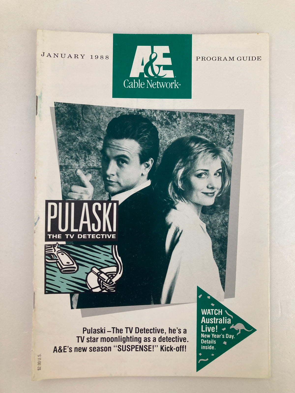 Cover of the A&E Cable Network Program Guide from January 1988, featuring 'Pulaski The TV Detective', showcasing a promotional image of the detective series.