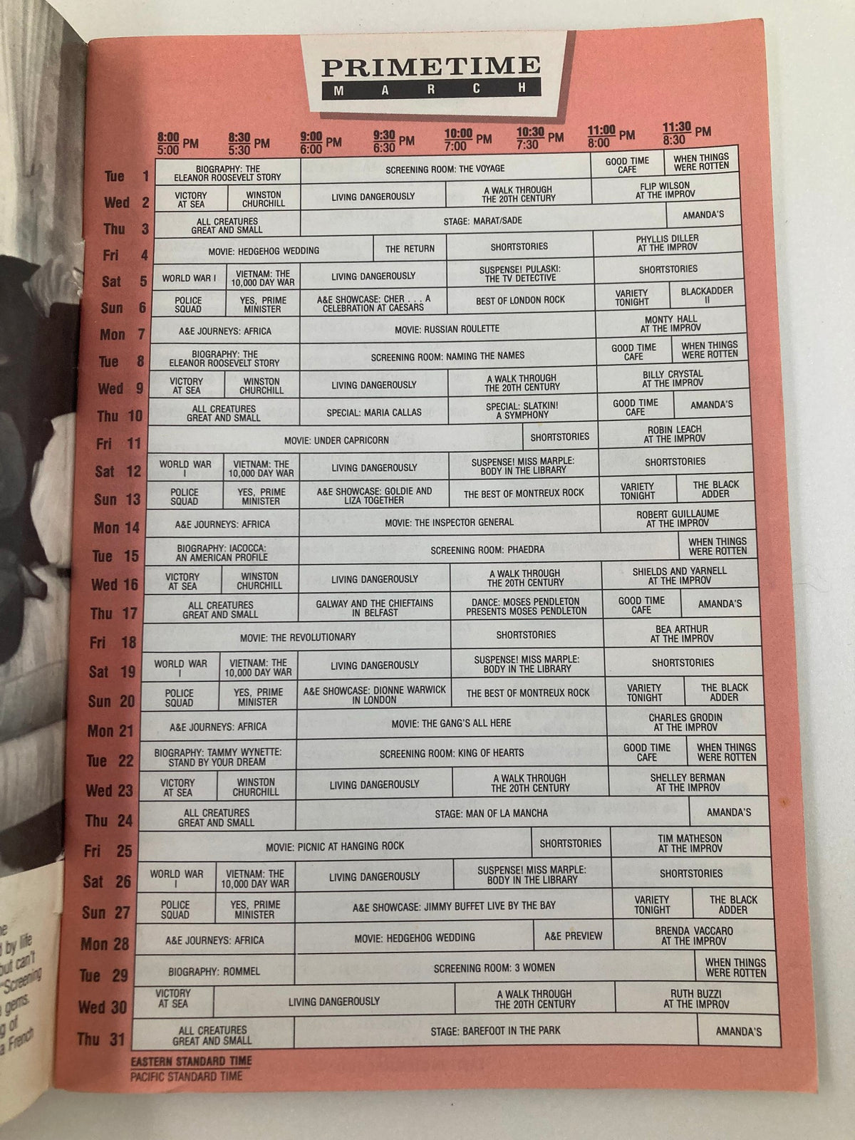 Inside page of the VTG A&E Cable Network Program Guide from March 1988, displaying the primetime schedule including 'An Evening at the Improv'.