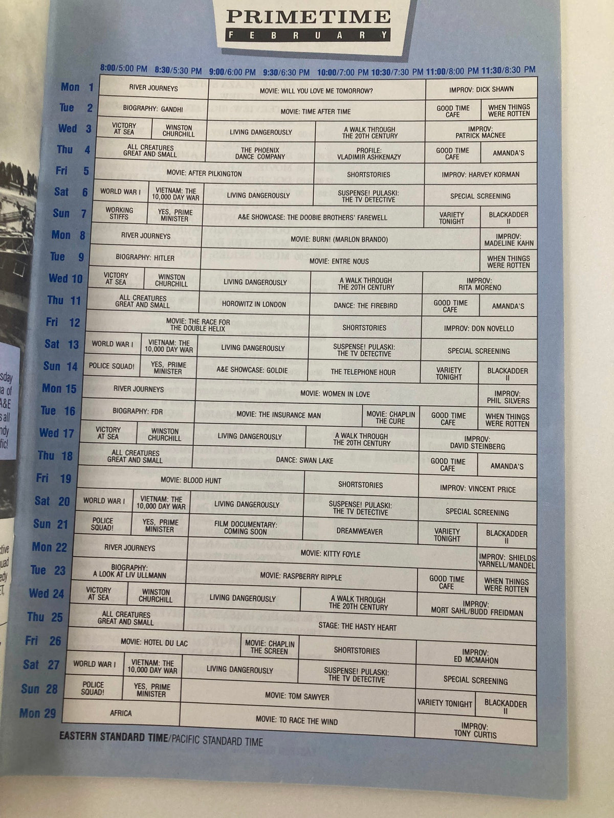 Inside page of the VTG A&E Cable Network Program Guide February 1988, displaying the primetime television schedule for the month of February 1988.