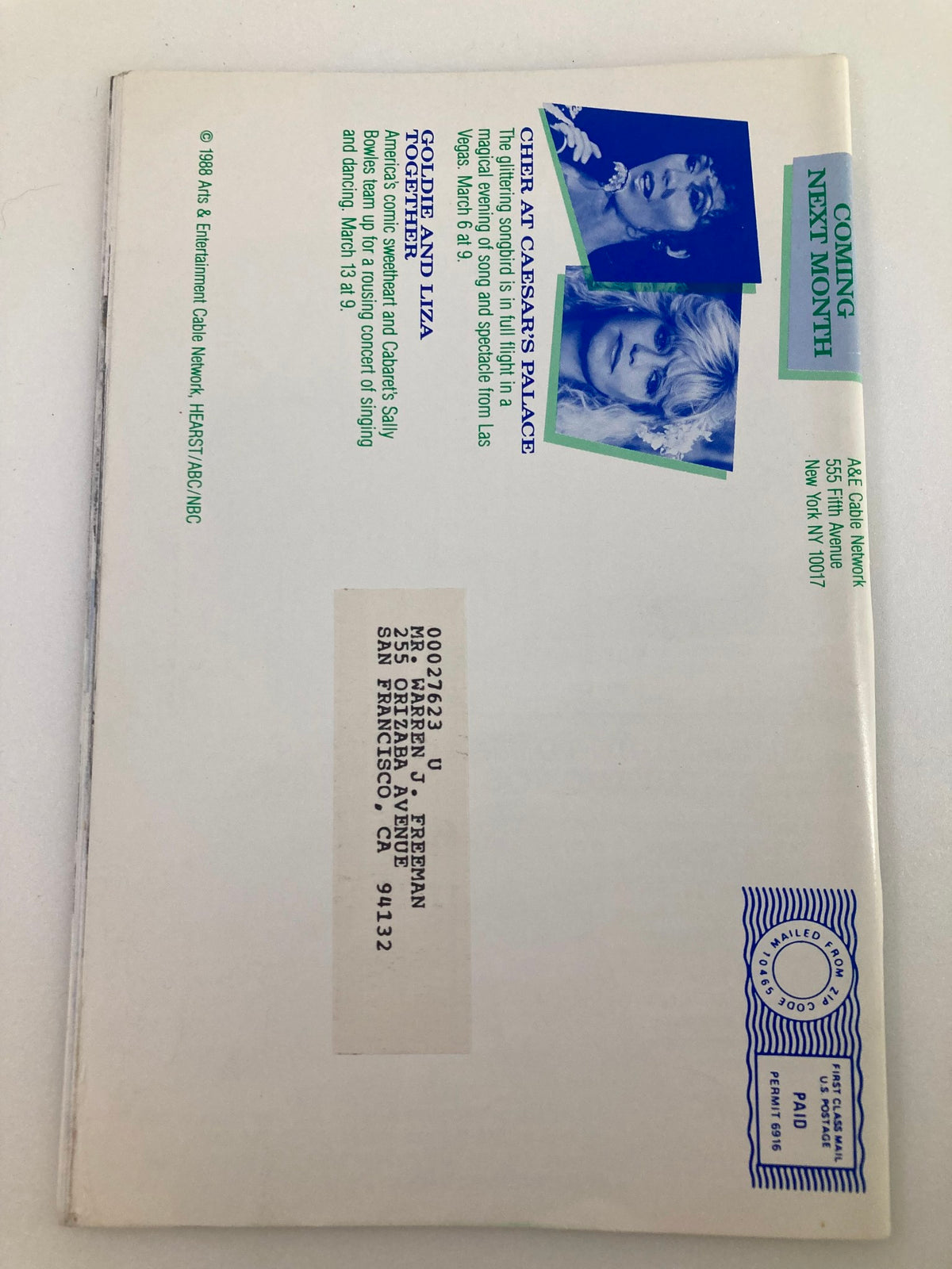 Back cover of the VTG A&E Cable Network Program Guide February 1988, promoting upcoming programming with a teaser for Cher at Caesar's Palace.