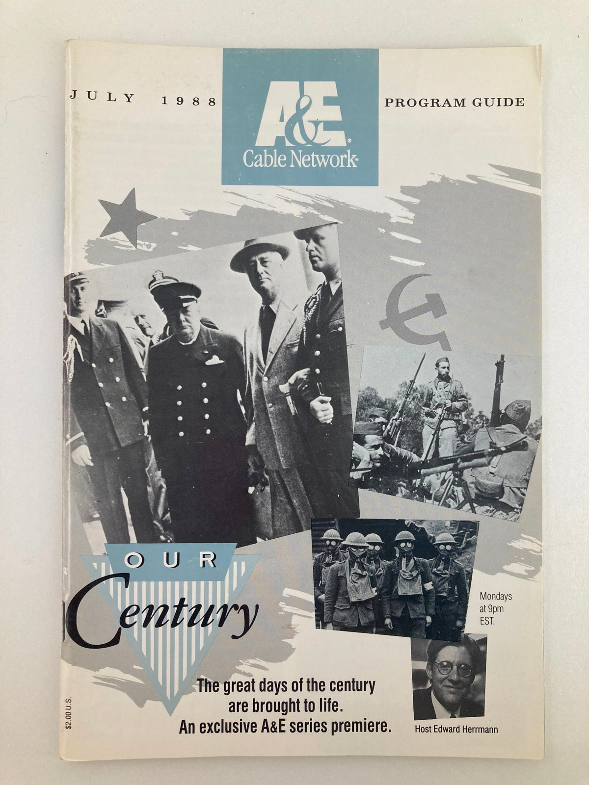 VTG A&E Cable Network Program Guide July 1988 featuring host Edward Hermann, with cover text highlighting the exclusive series premiere 'Our Century' and visual elements reflecting 1980s cultural themes.