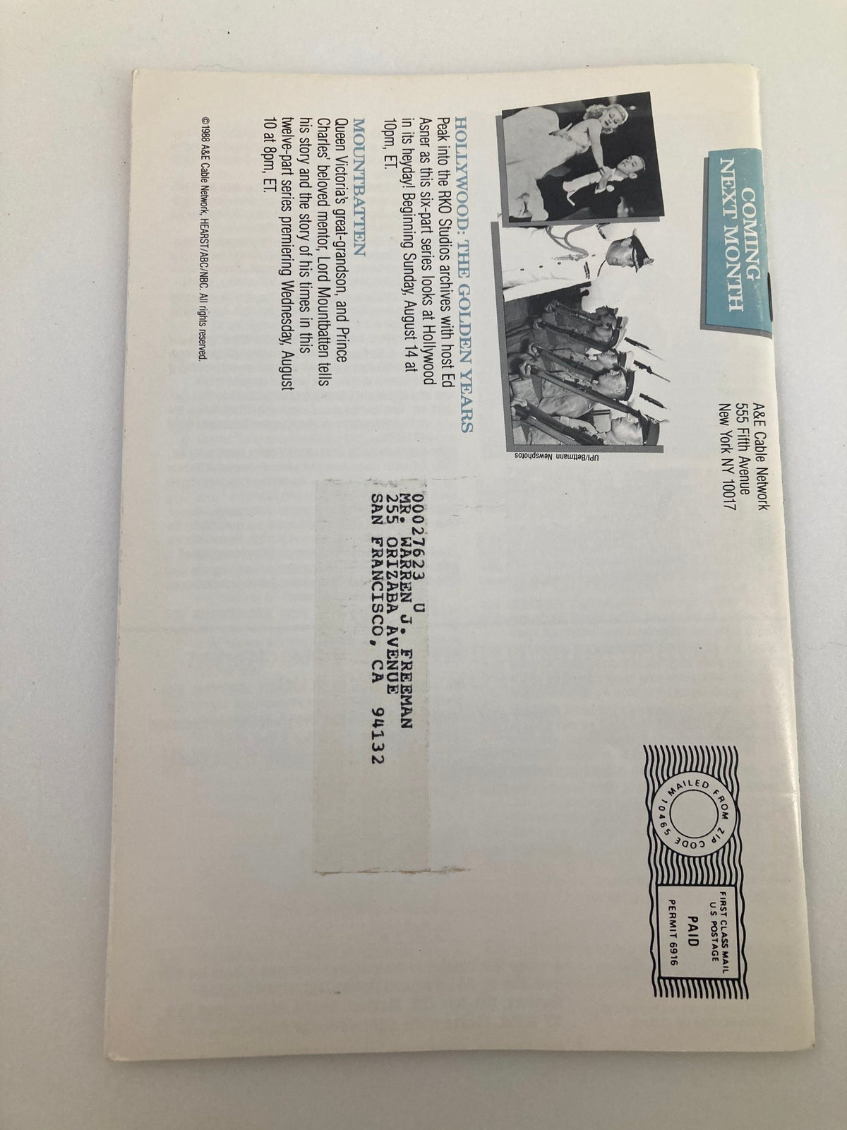 Back cover of the VTG A&E Cable Network Program Guide July 1988, showcasing a preview of upcoming programming, featuring images and information about Hollywood's golden years. This vintage magazine is hosted by Edward Hermann.