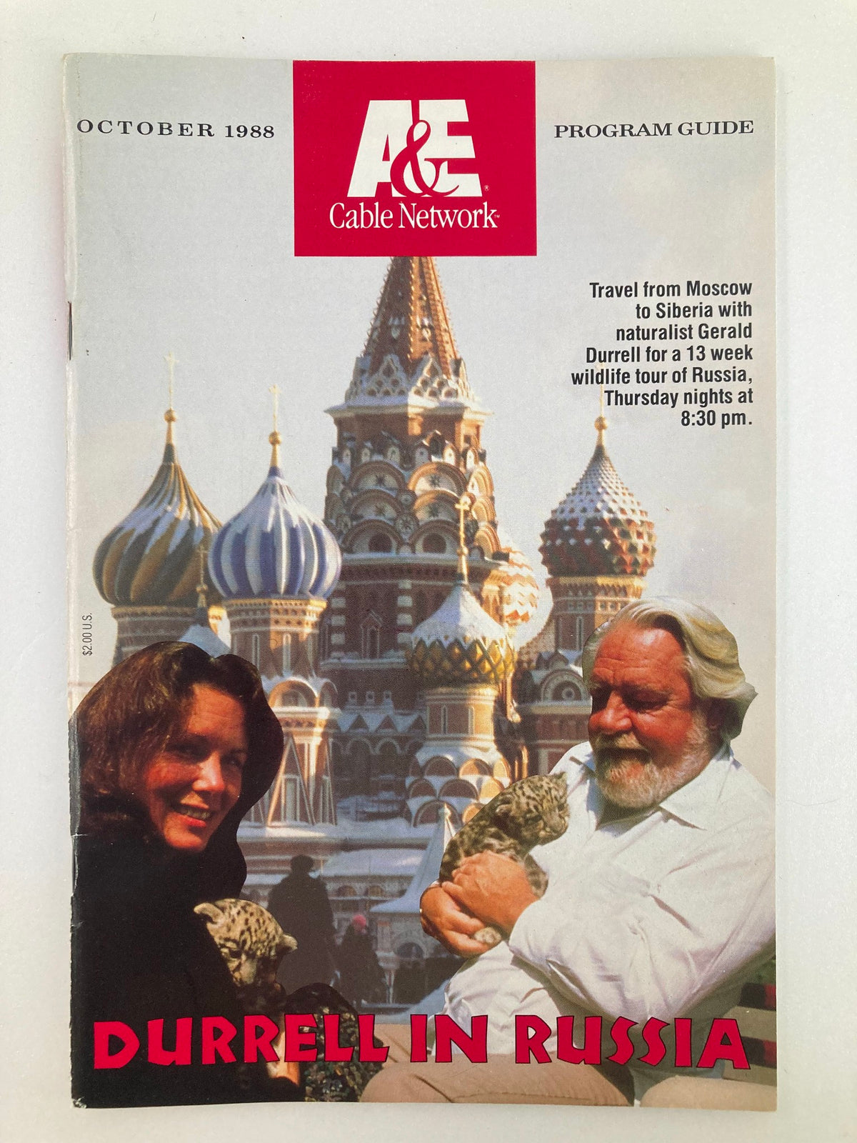VTG A&E Cable Network Program Guide October 1988 featuring Gerald Durrell in Russia with stunning visuals of Moscow, highlighting a wildlife tour.