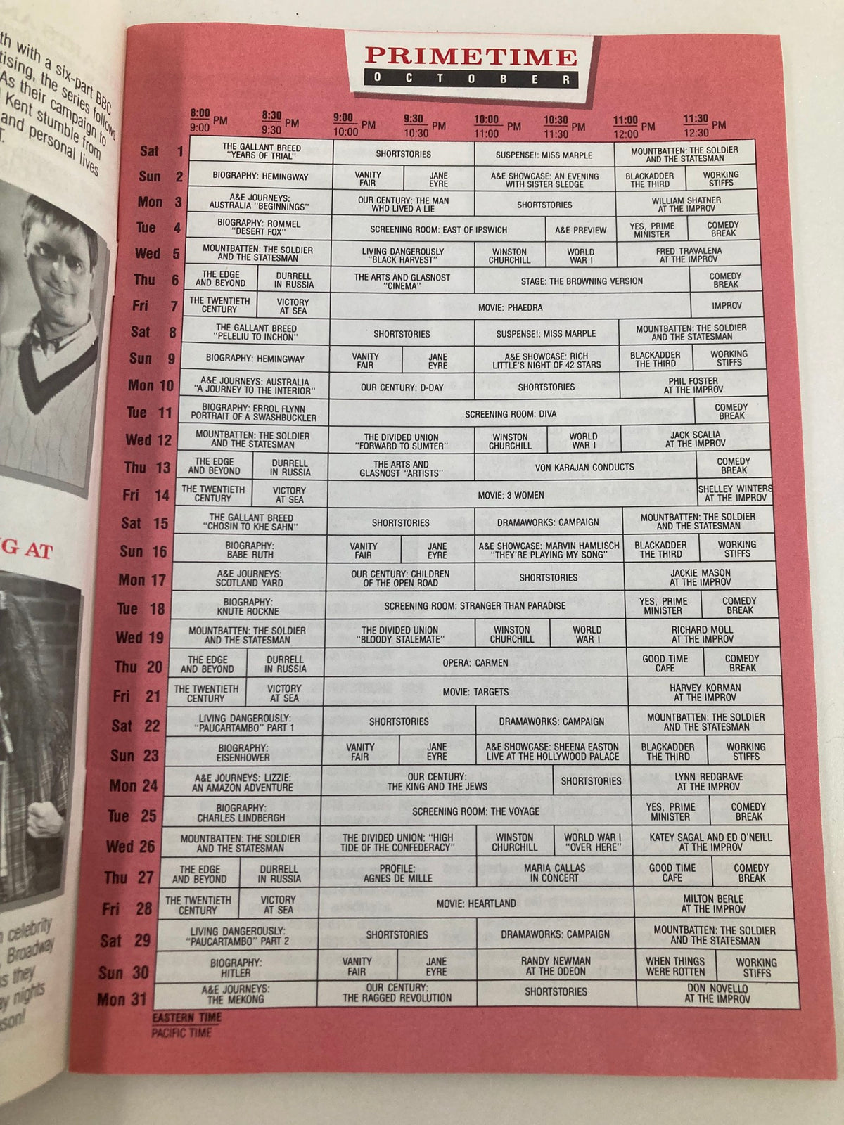 October 1988 A&E Cable Network Program Guide primetime schedule featuring various shows and timings, showcasing Gerald Durrell in Russia.