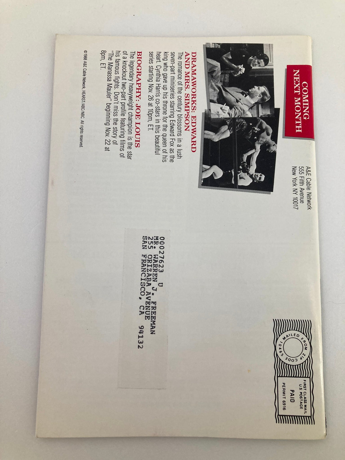 Back cover of the October 1988 A&E Cable Network Program Guide, detailing upcoming programming and featuring images related to broadcast content.