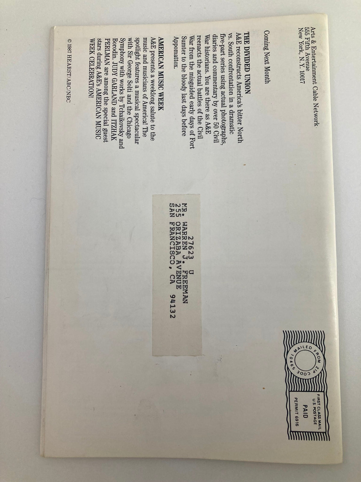 Back cover of the VTG A&E Cable Network Program Guide October 1987 Vol 3 #1 titled 'Footsteps'. The cover features the magazine's mailing details and vintage design elements, encapsulating its retro aesthetic.