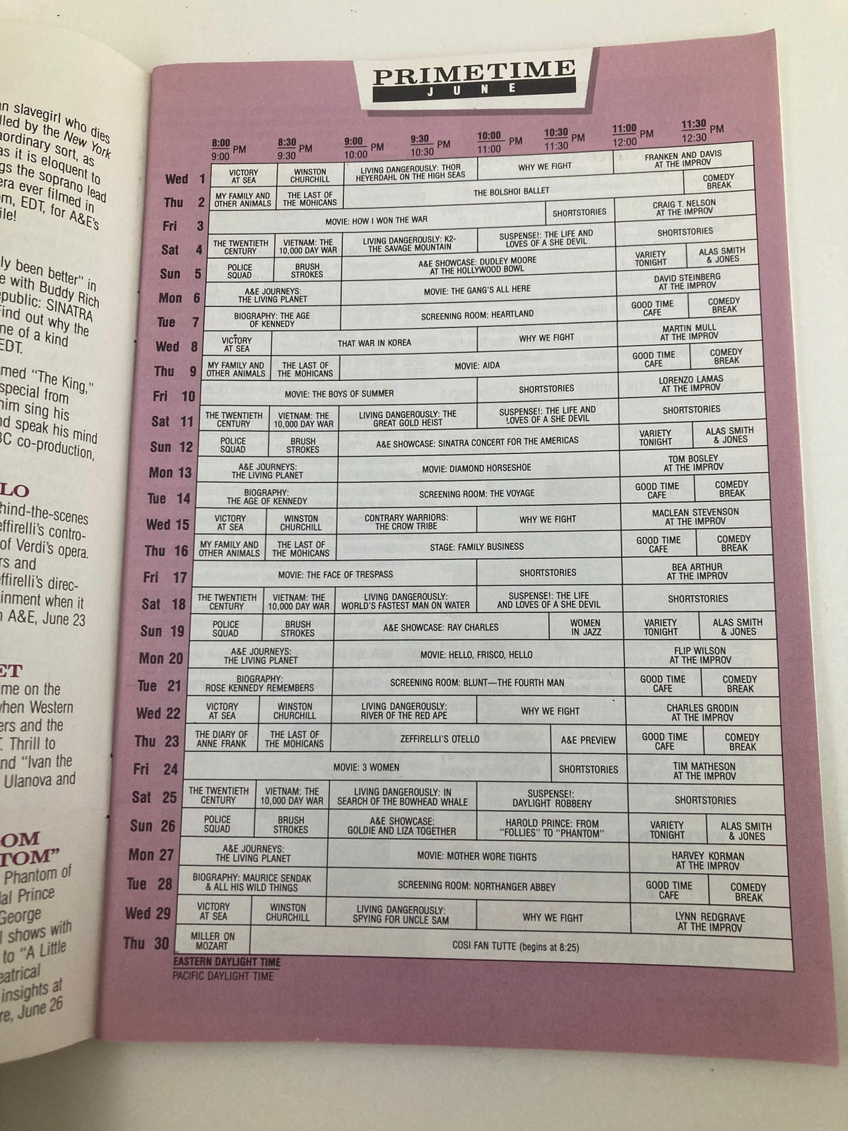 Inside of the VTG A&E Cable Network Program Guide June 1988 showing a primetime TV schedule.