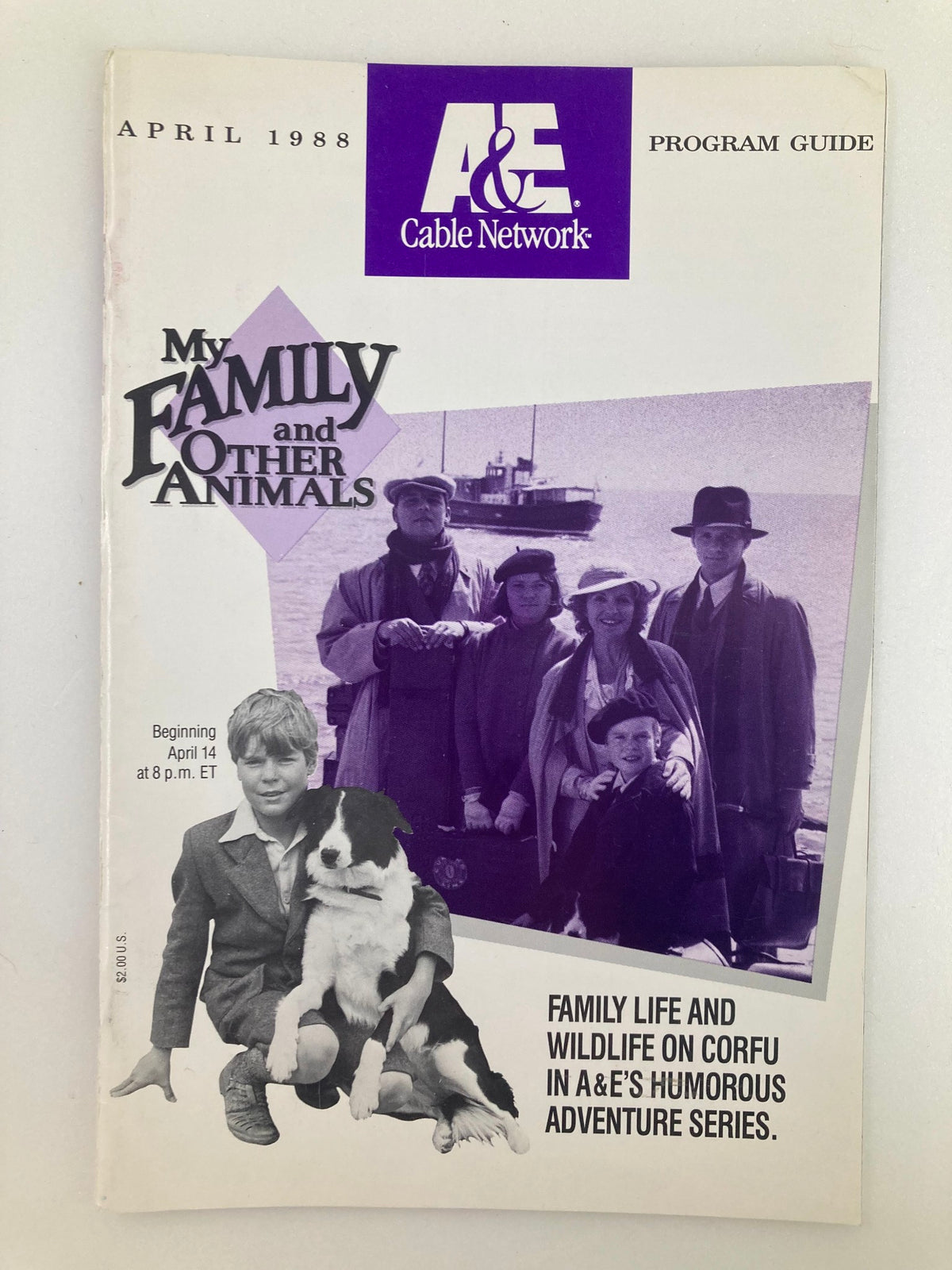 VTG A&E Cable Network Program Guide April 1988 featuring 'My Family and Other Animals' on the cover, showcasing a nostalgic view of family life and wildlife on Corfu.