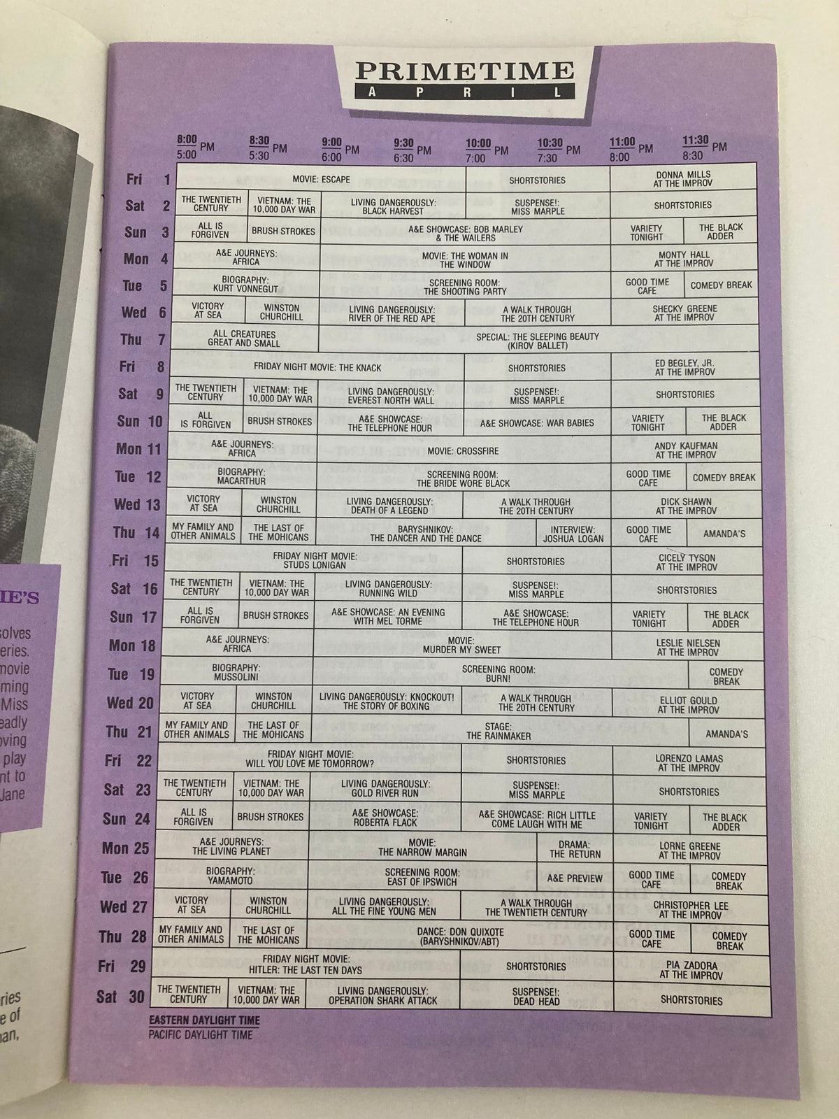 Inside page of the VTG A&E Cable Network Program Guide April 1988 displaying the primetime schedule for the month, detailing various programs aired on the network.