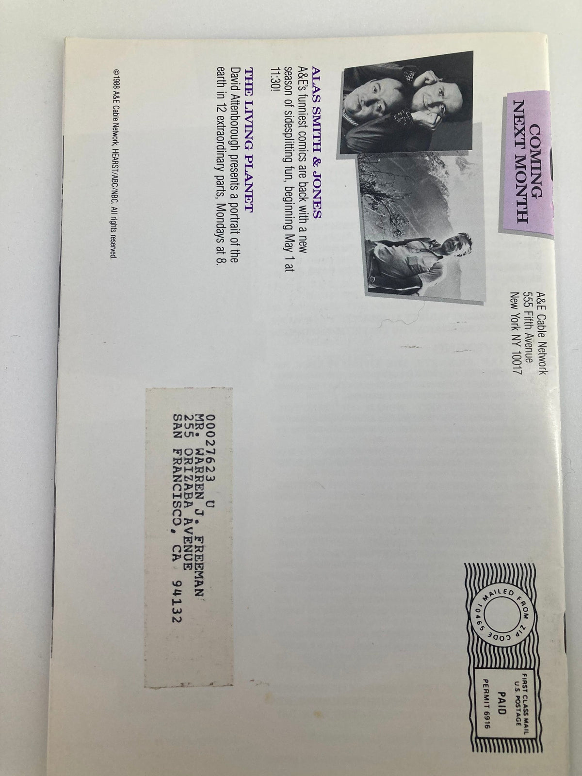 Back cover of the VTG A&E Cable Network Program Guide April 1988 featuring upcoming shows and a mailing address, offering a glimpse into the magazine's vintage design.