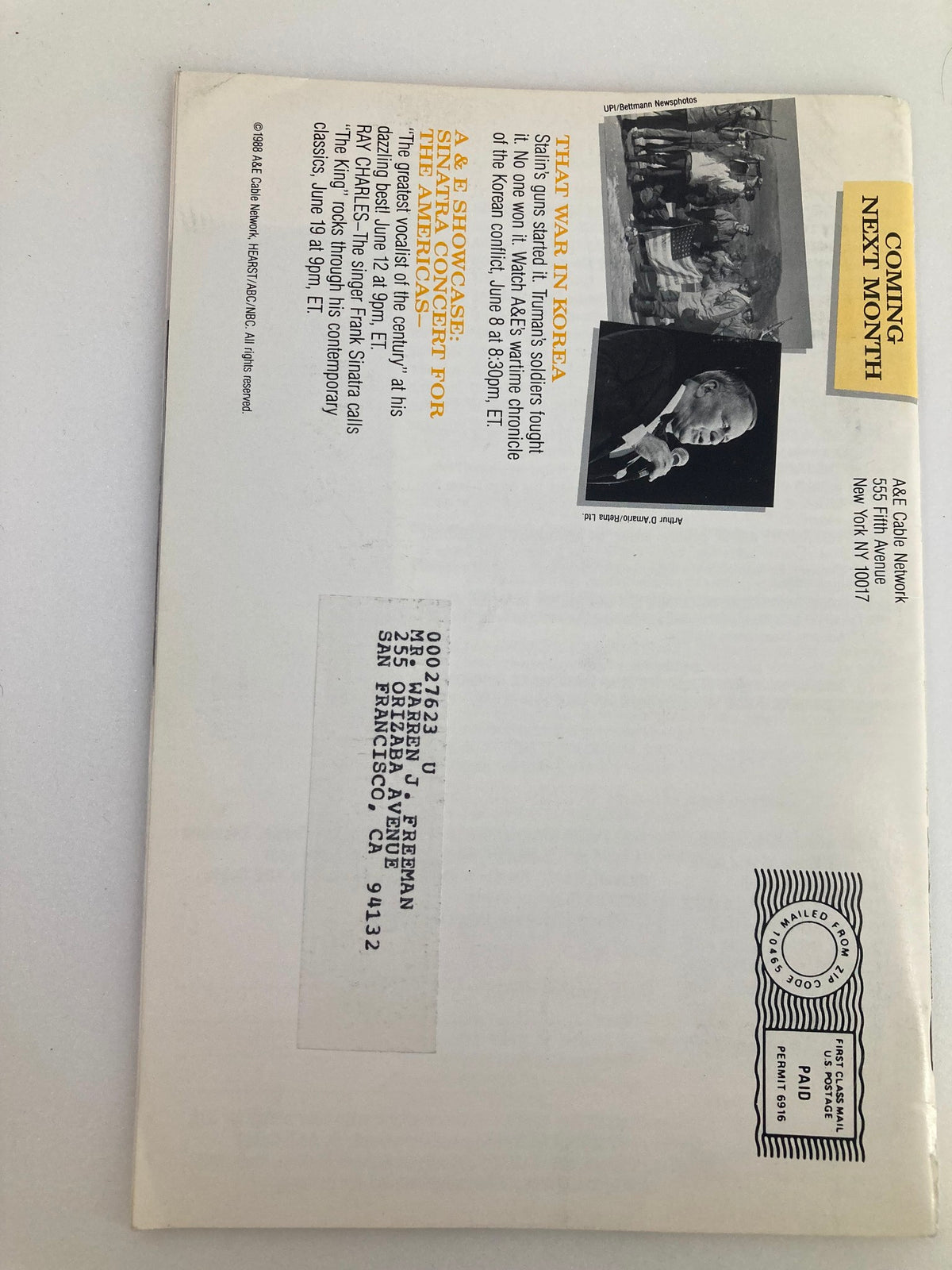 Back cover of the May 1988 A&E Cable Network Program Guide featuring upcoming programming highlights and a vintage mailing label.