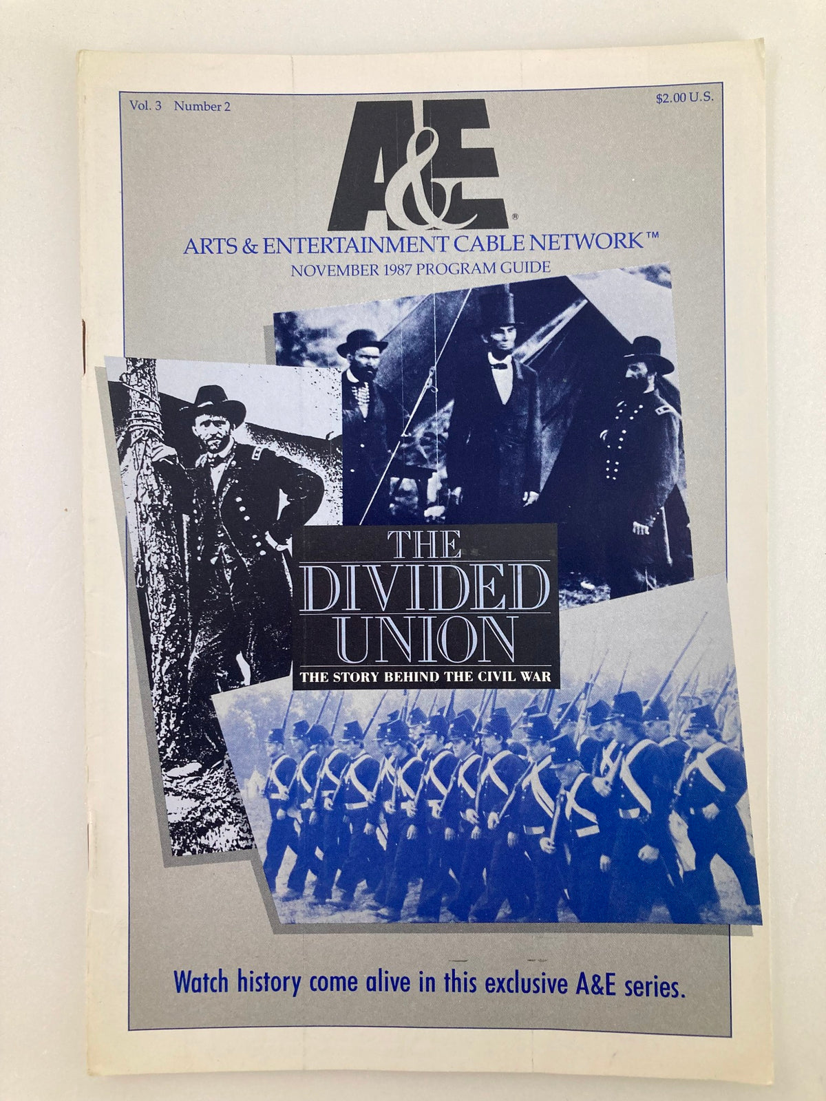 Cover of VTG A&E Cable Network Program Guide November 1987 Vol 3 #2 titled 'The Divided Union' showcasing historical figures and Civil War themes.