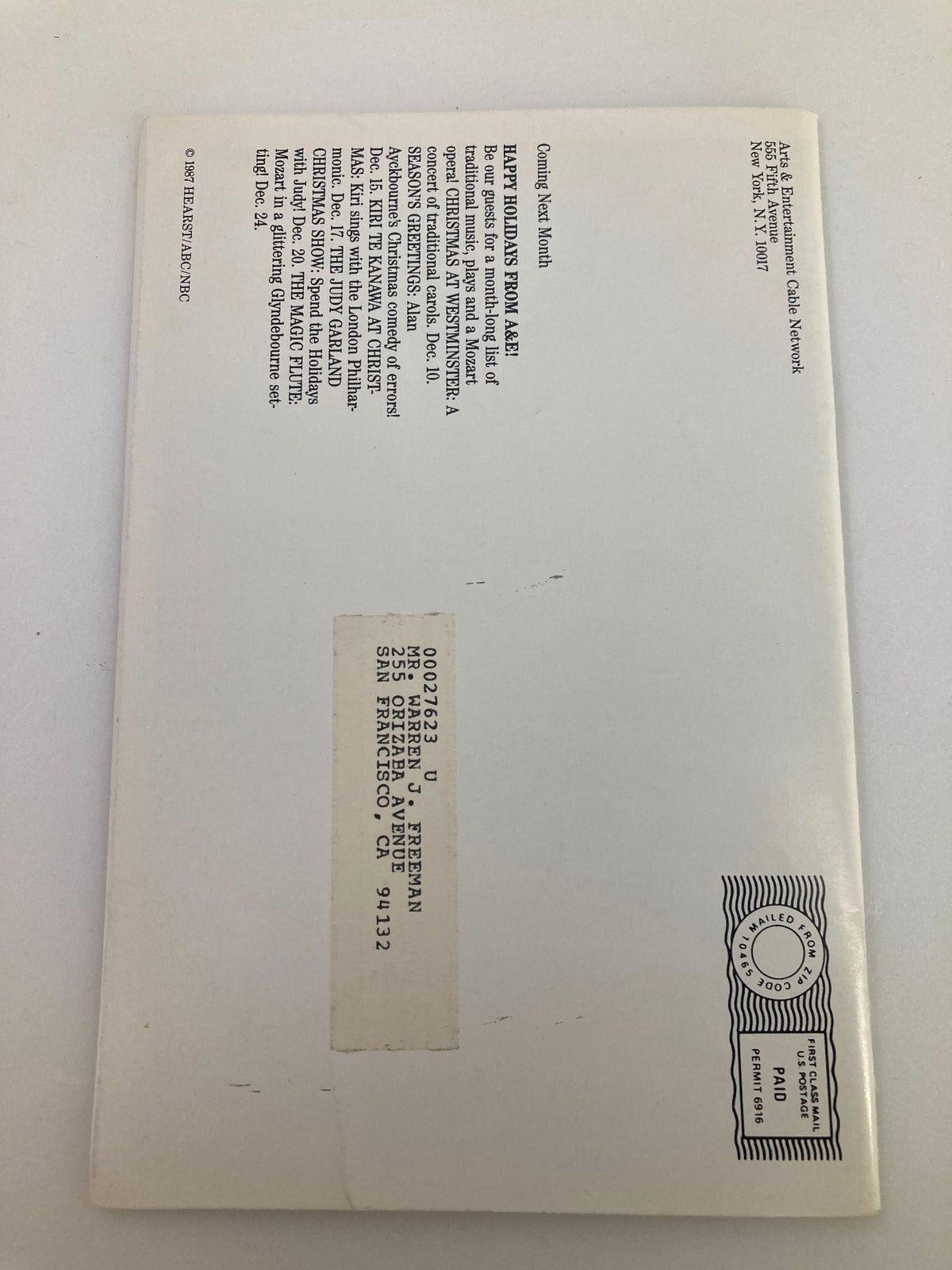 Back cover of VTG A&E Cable Network Program Guide November 1987 Vol 3 #2 with mailing details and advertisement for upcoming programming on A&E.