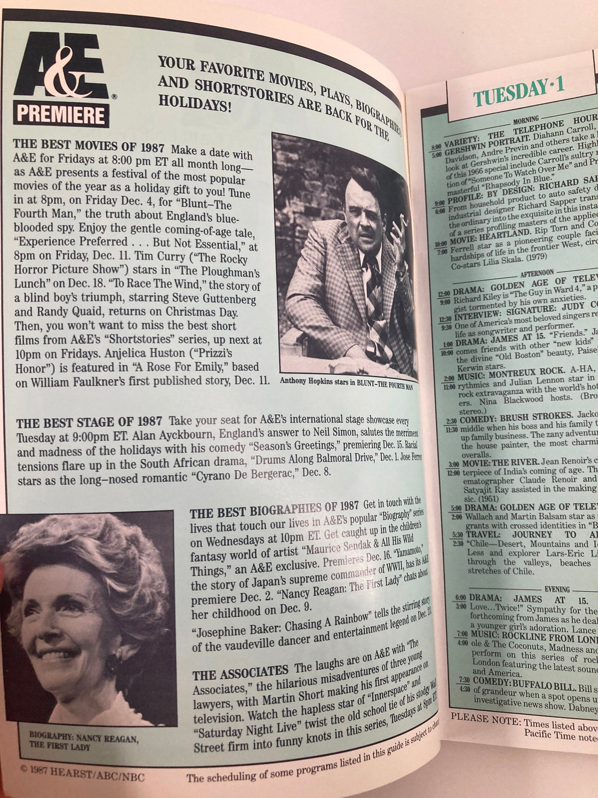 Interior page of the A&E Cable Network Program Guide - December 1987 detailing the programming highlights including movies and biographies featured during the holiday season.