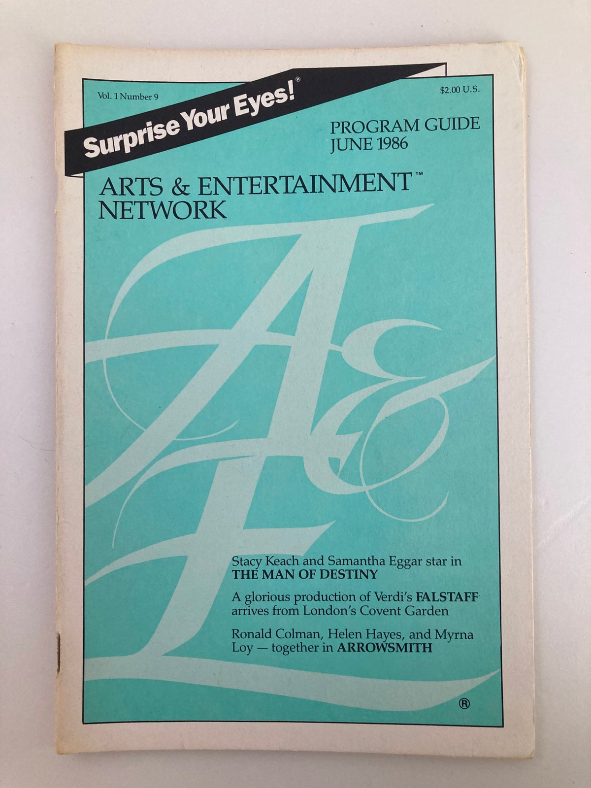 Cover of VTG A&E Cable Network Program Guide June 1986 Vol 1 #9 featuring title and notable actors Stacy Keach and Sam Eggar.
