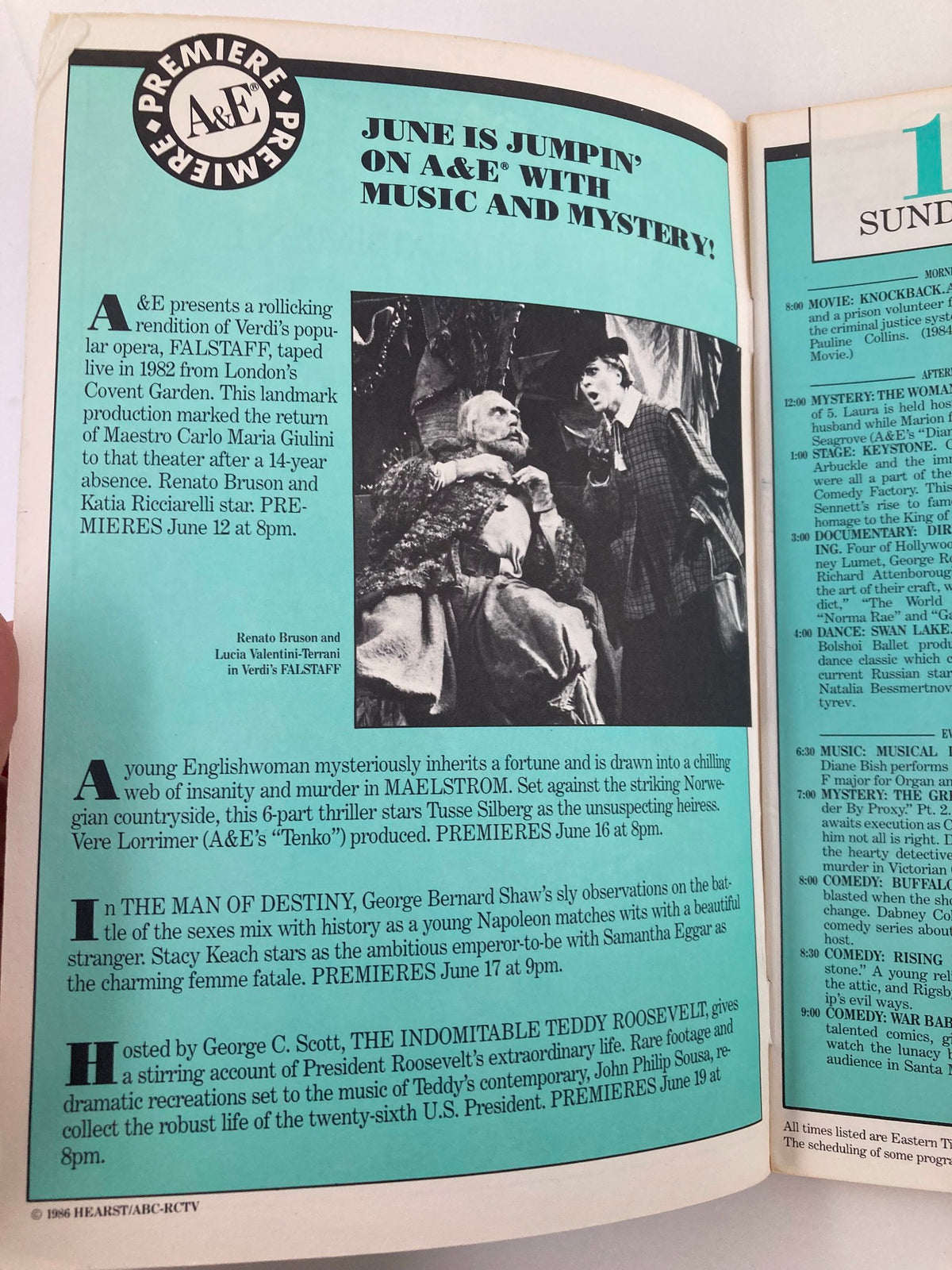 Inside page of VTG A&E Cable Network Program Guide June 1986 Vol 1 #9 showcasing program highlights including the opera Falstaff and various premieres.