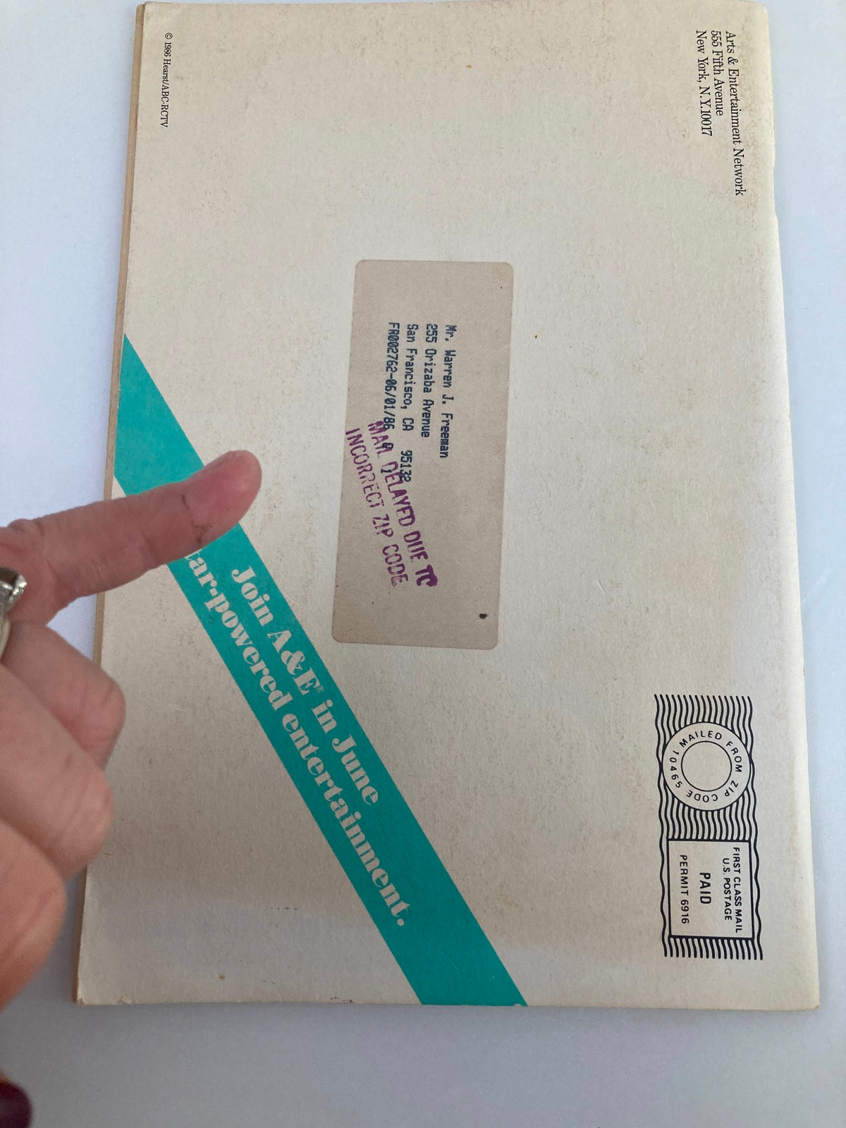 Back cover of VTG A&E Cable Network Program Guide June 1986 Vol 1 #9 displaying address label and promotional message for A&E content.