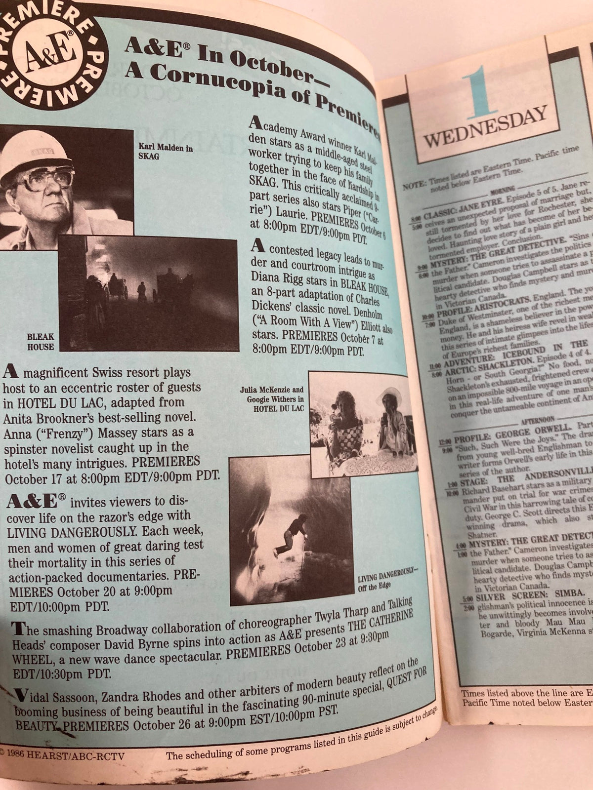 Interior page of the A&E Cable Network Program Guide for October 1986, Volume 2 Number 1, highlighting various television programming including 'Living Dangerously' and other featured shows with images.