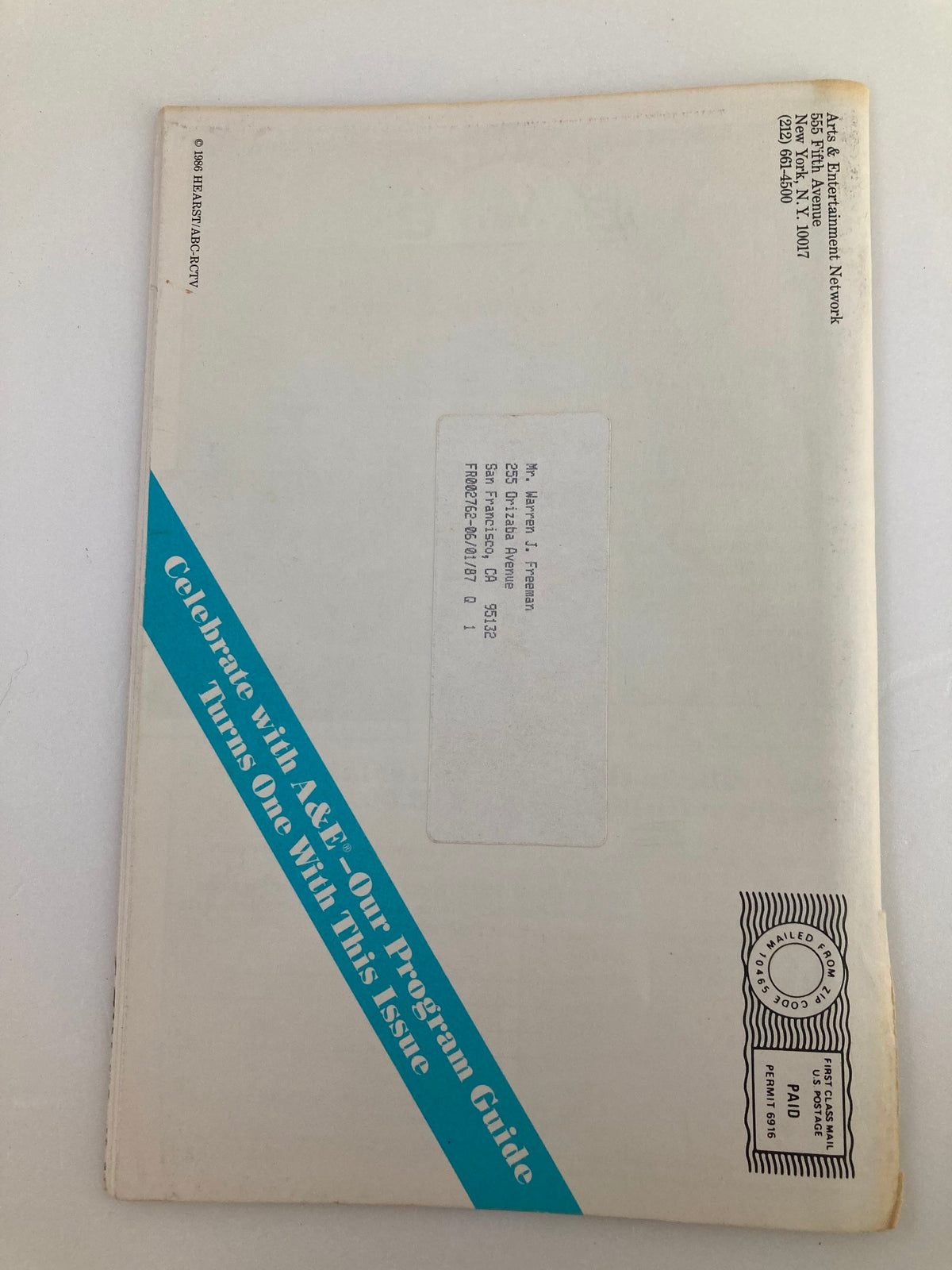 Back cover of the A&E Cable Network Program Guide for October 1986, showcasing the mailing details and a promotional message related to the magazine.