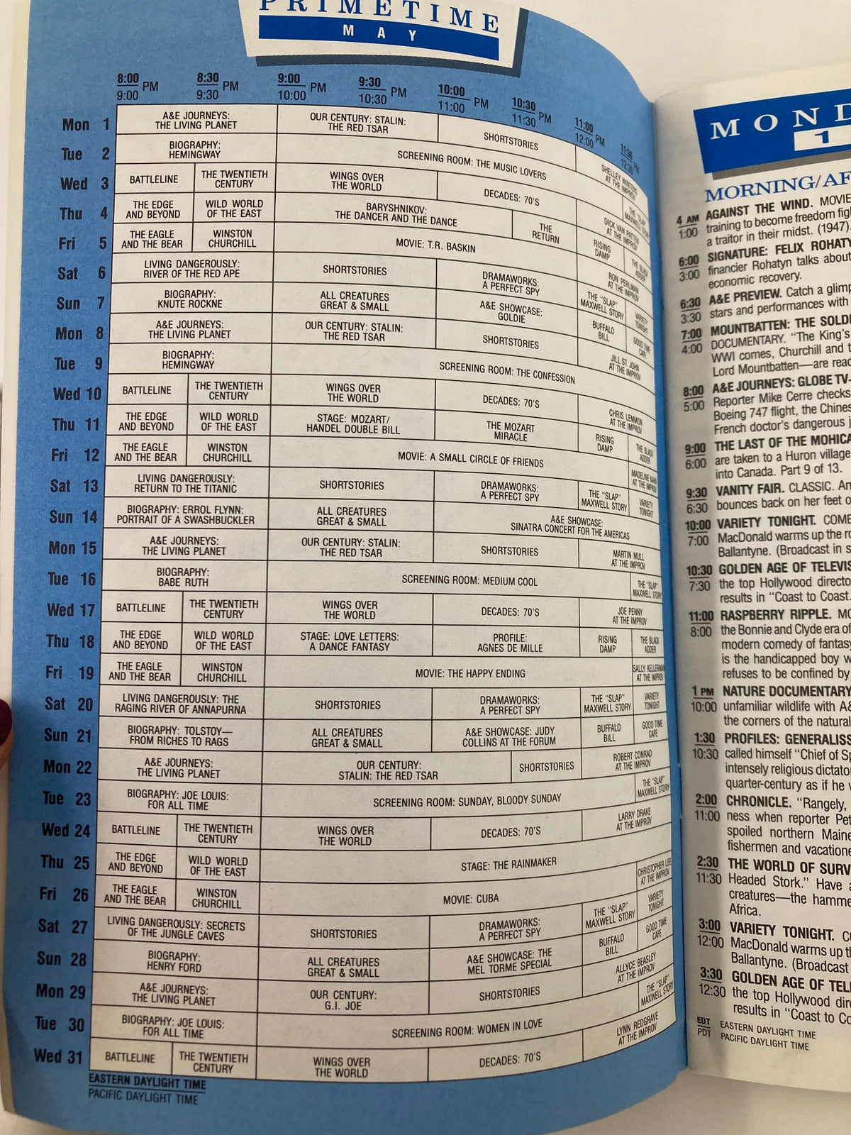 Inside page of the VTG A&E Cable Network Program Guide May 1989 displaying the primetime schedule with details of shows and times.