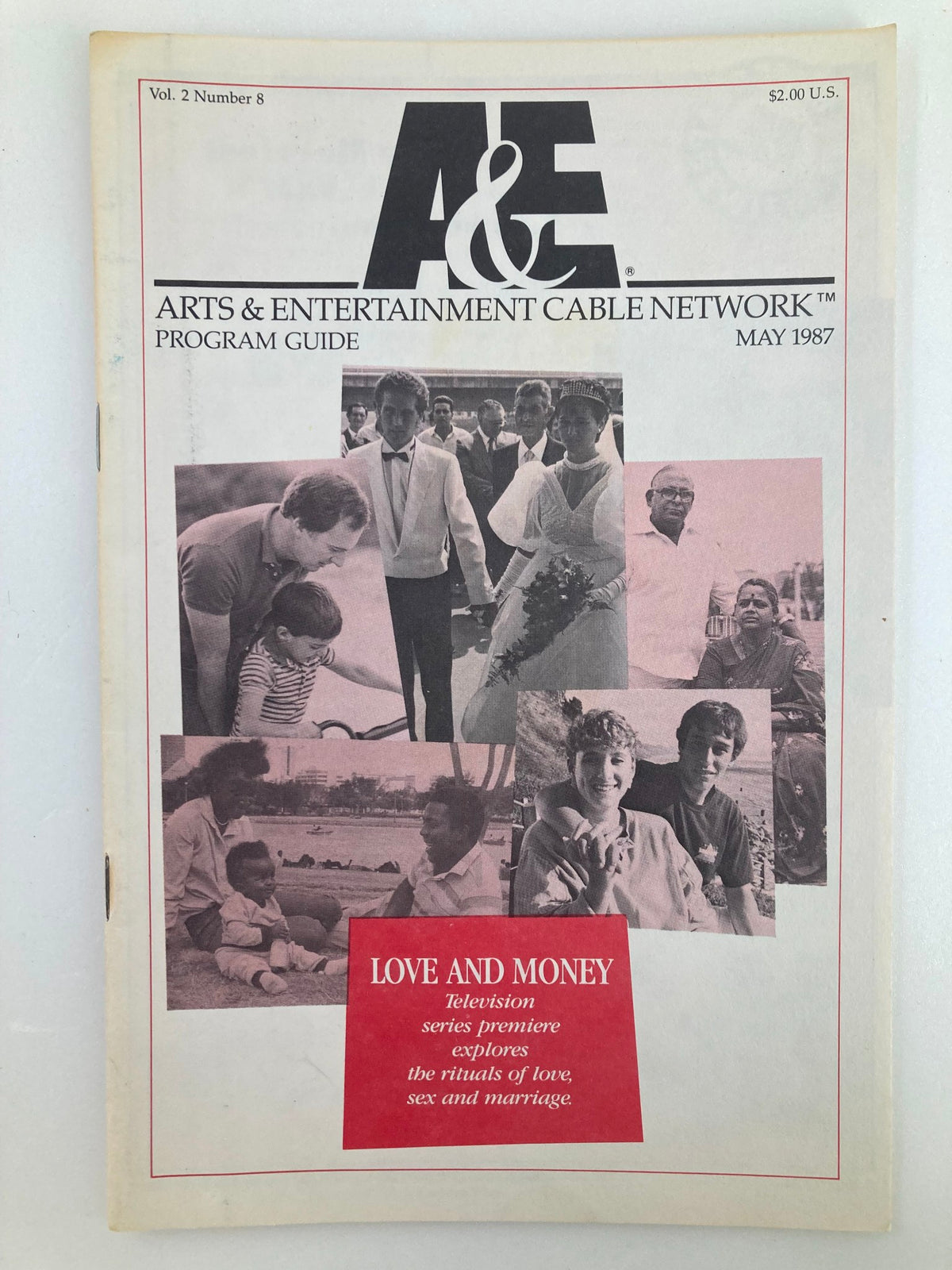 Vintage A&E Cable Network Program Guide from May 1987, Volume 2, Number 8, featuring prominent images highlighting themes of love and celebration.