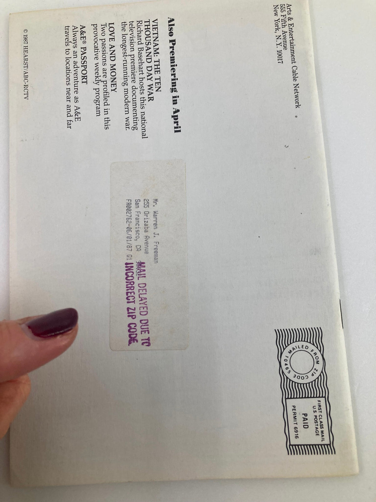 Back cover of the VTG A&E Cable Network Program Guide April 1987 Vol 2 #7, including mailing information and a note about mail delay due to incorrect zip code.