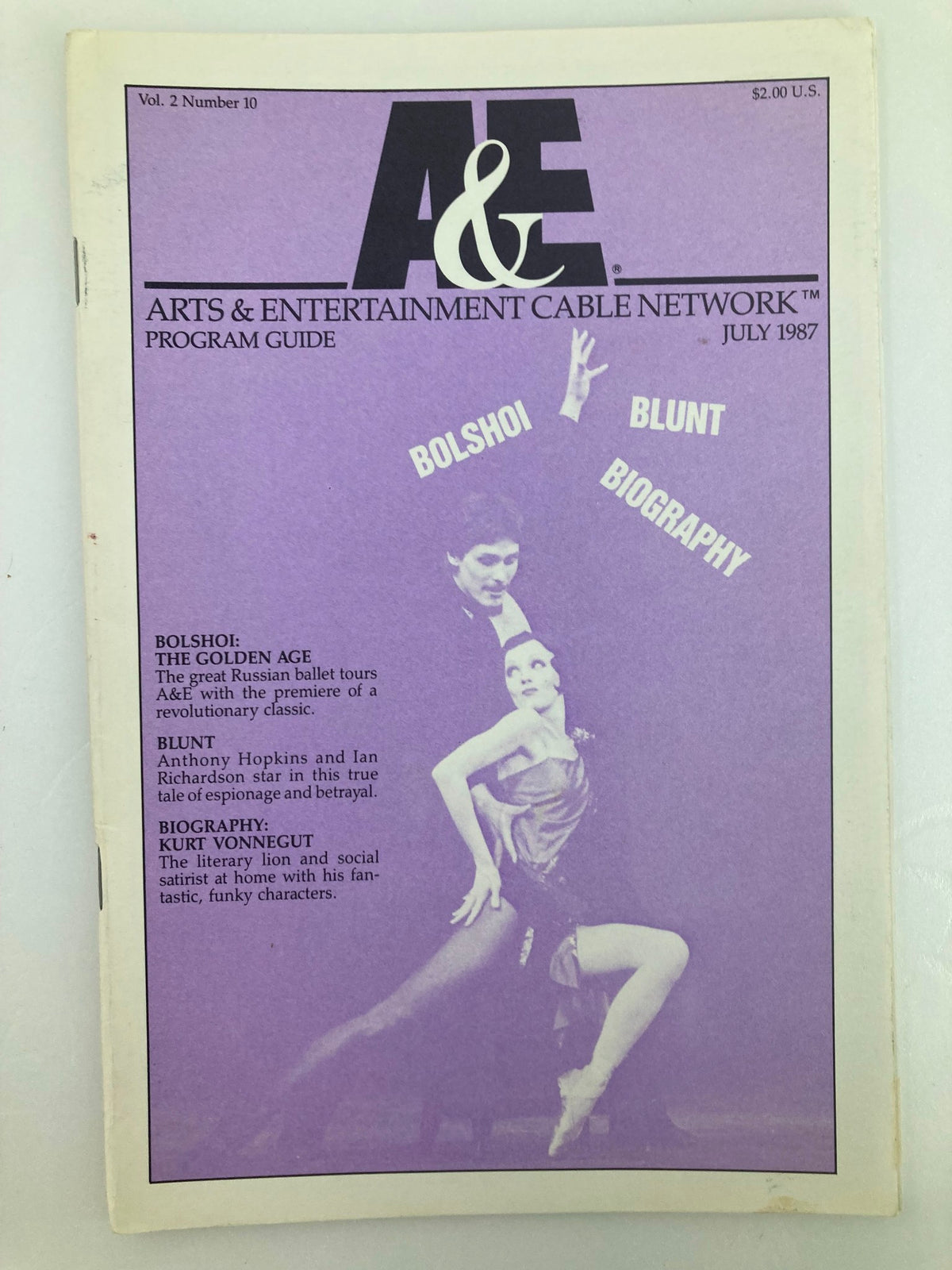 Cover of the VTG A&E Cable Network Program Guide July 1987 Vol 2 #10 featuring Bolshoi Ballet and Blunt Biography, highlighting cultural details of the entertainment programming.