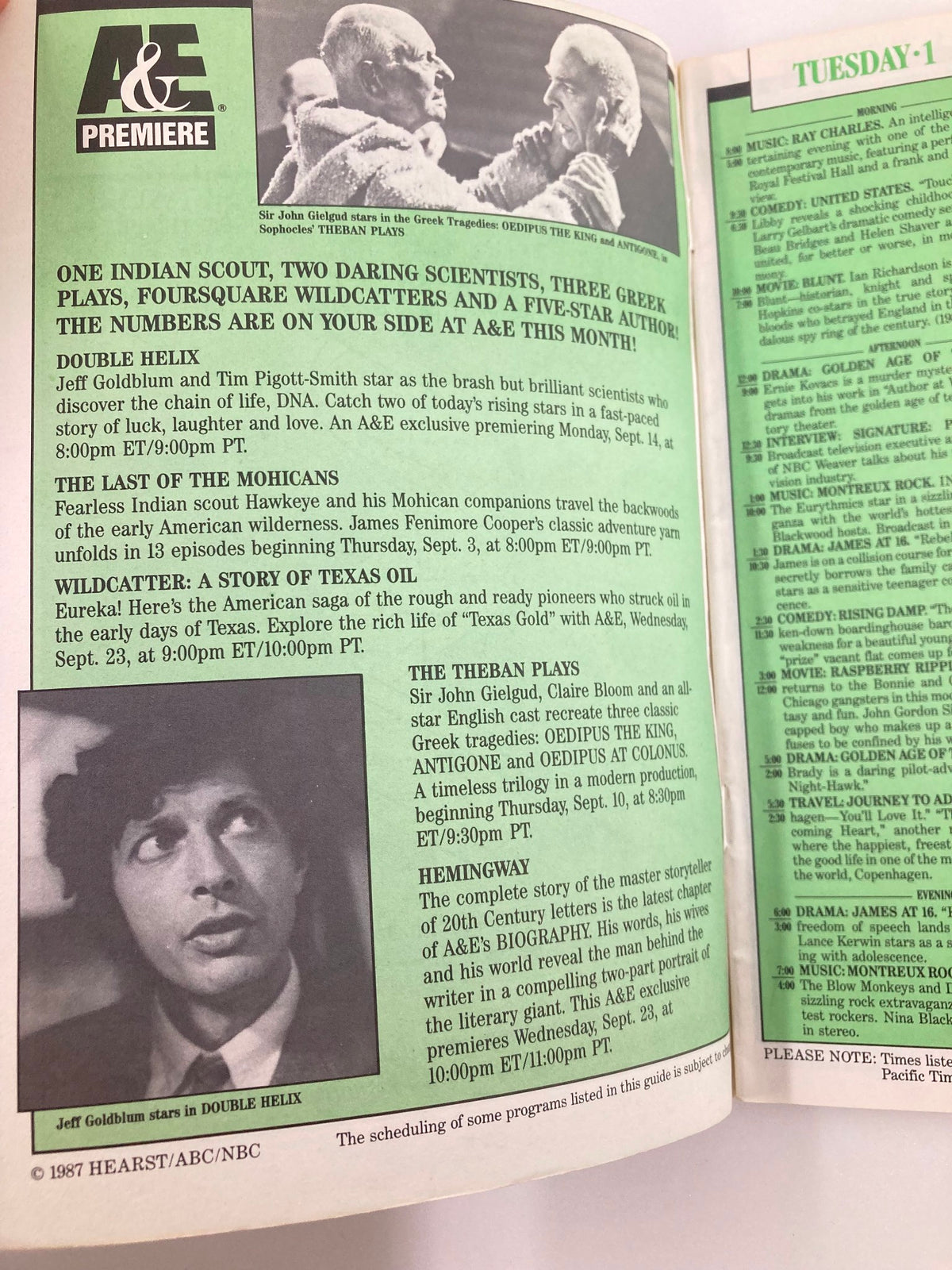 VTG A&E Cable Network Program Guide September 1987 Vol 2 #12 featuring programming highlights including 'Double Helix' starring Jeff Goldblum, and articles about 'The Last of the Mohicans' and 'Theban Plays'. The image shows a page layout with program listings and classic television content.