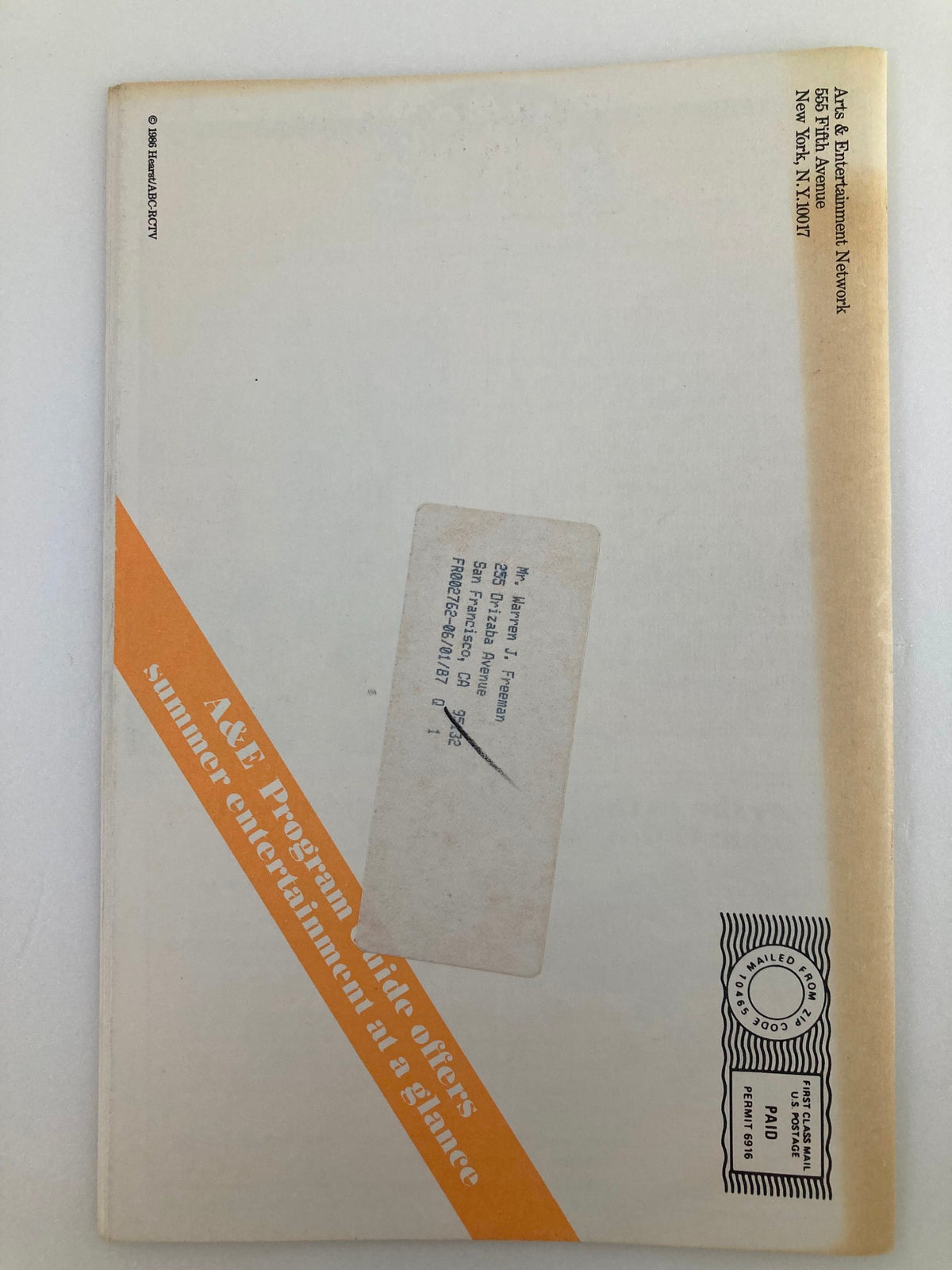 Back cover of the VTG A&E Cable Network Program Guide July 1986 Vol 1 #10 showing mailing details and an advertisement for summer entertainment.