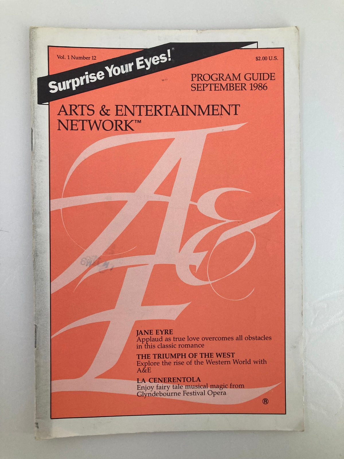 Vintage A&E Cable Network Program Guide from September 1986, Volume 1 Number 12 featuring "Jane Eyre" on the cover, highlighting classic adaptations and television history.