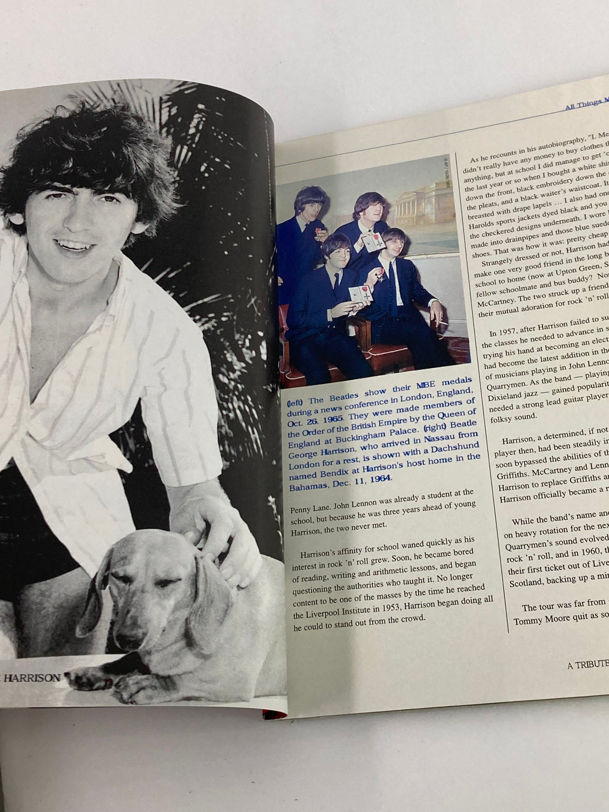 Interior page from Gold Collectors Series Magazine 2001: A Tribute To George Harrison featuring a young George Harrison with The Beatles and a pet dog, capturing the essence of the band's early days.