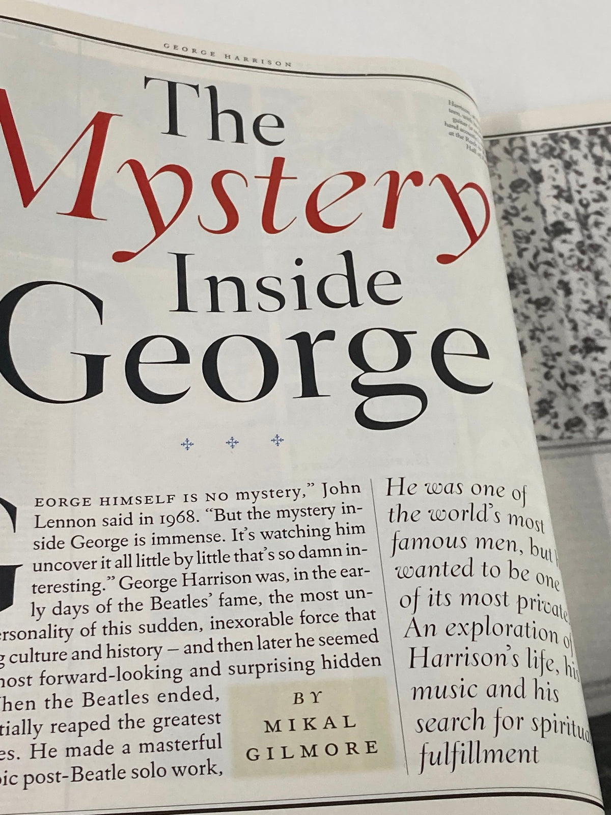 Page from the Rolling Stone Magazine Special Edition 2001 featuring the article 'The Mystery Inside George' about George Harrison's impact on music and his artistic journey.