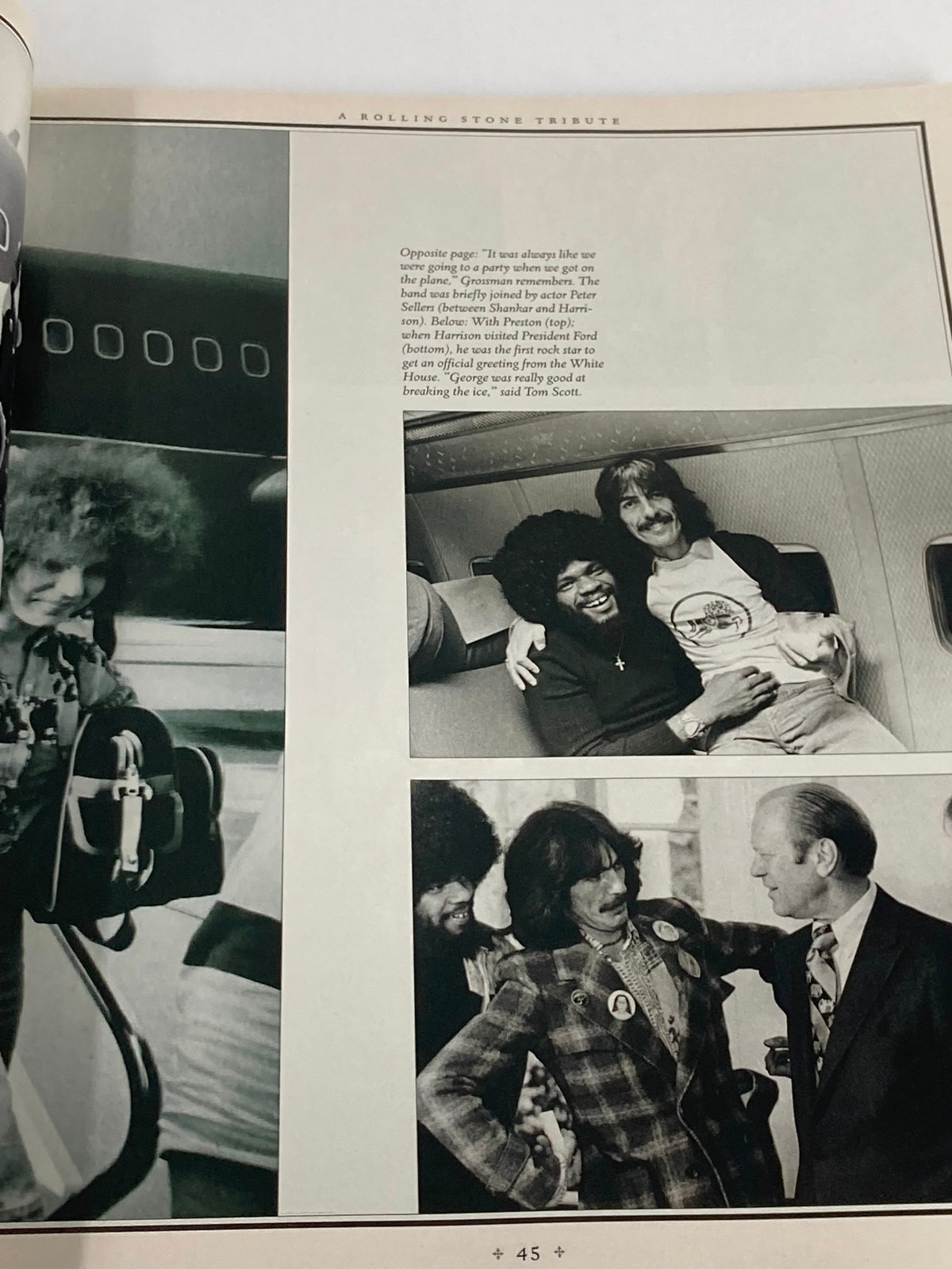 Inside view of Rolling Stone Magazine special edition 2001 featuring George Harrison, featuring a collage of images including George Harrison with celebrities, reflecting moments from his career.