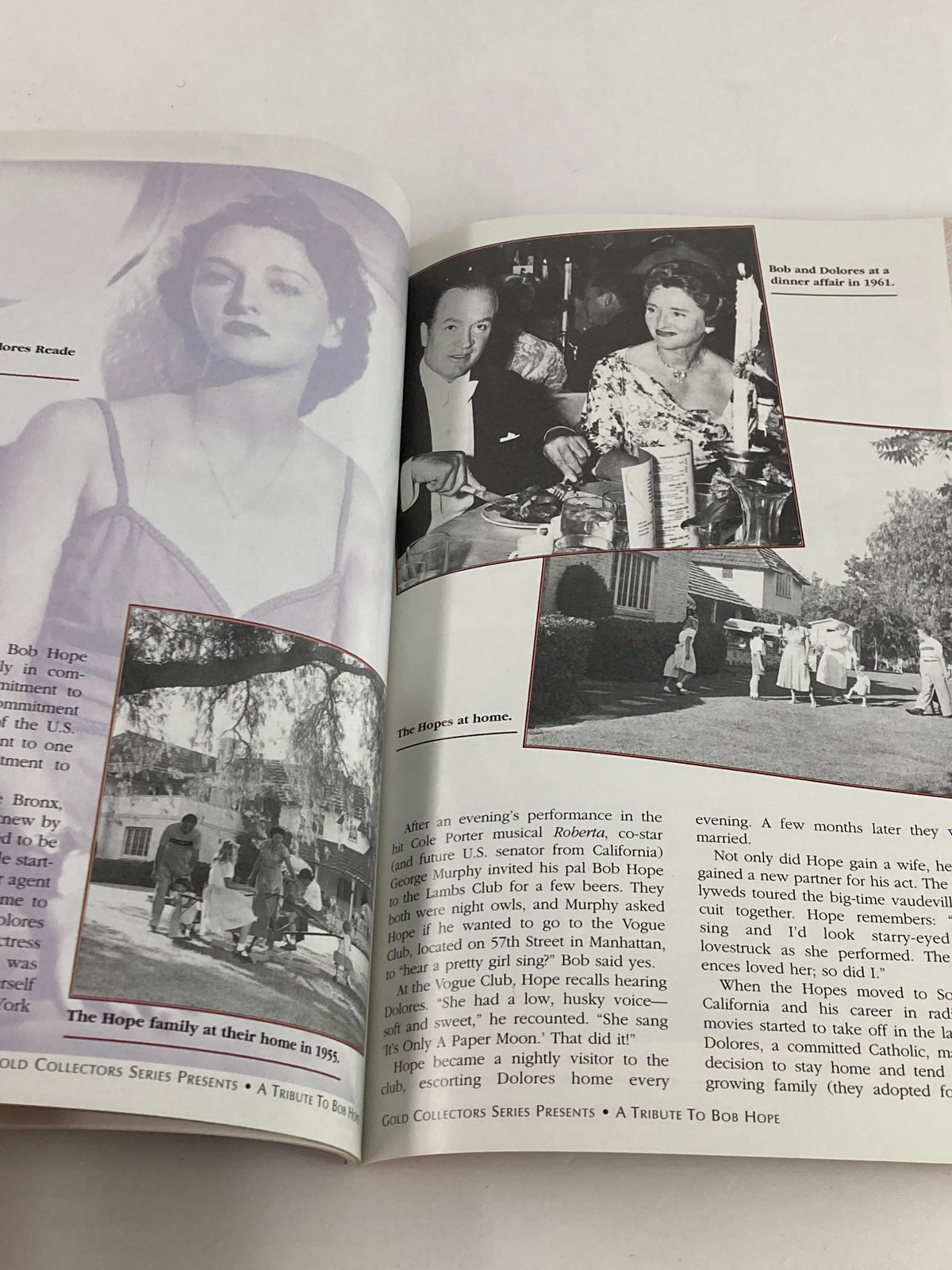 Page from Gold Collectors Series Magazine: A Tribute To Bob Hope 1903-2003 featuring personal moments from Bob Hope's life at home, including family photos and celebrations.