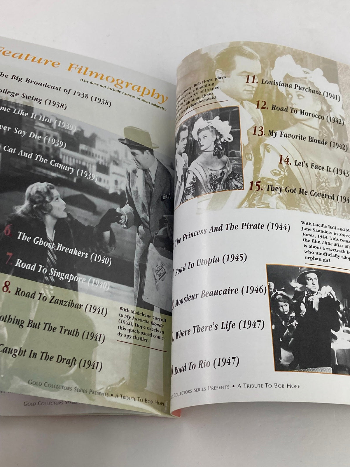 Inside pages of the Gold Collectors Series Magazine: A Tribute To Bob Hope 1903-2003 showcasing a filmography list of Bob Hope's notable films.