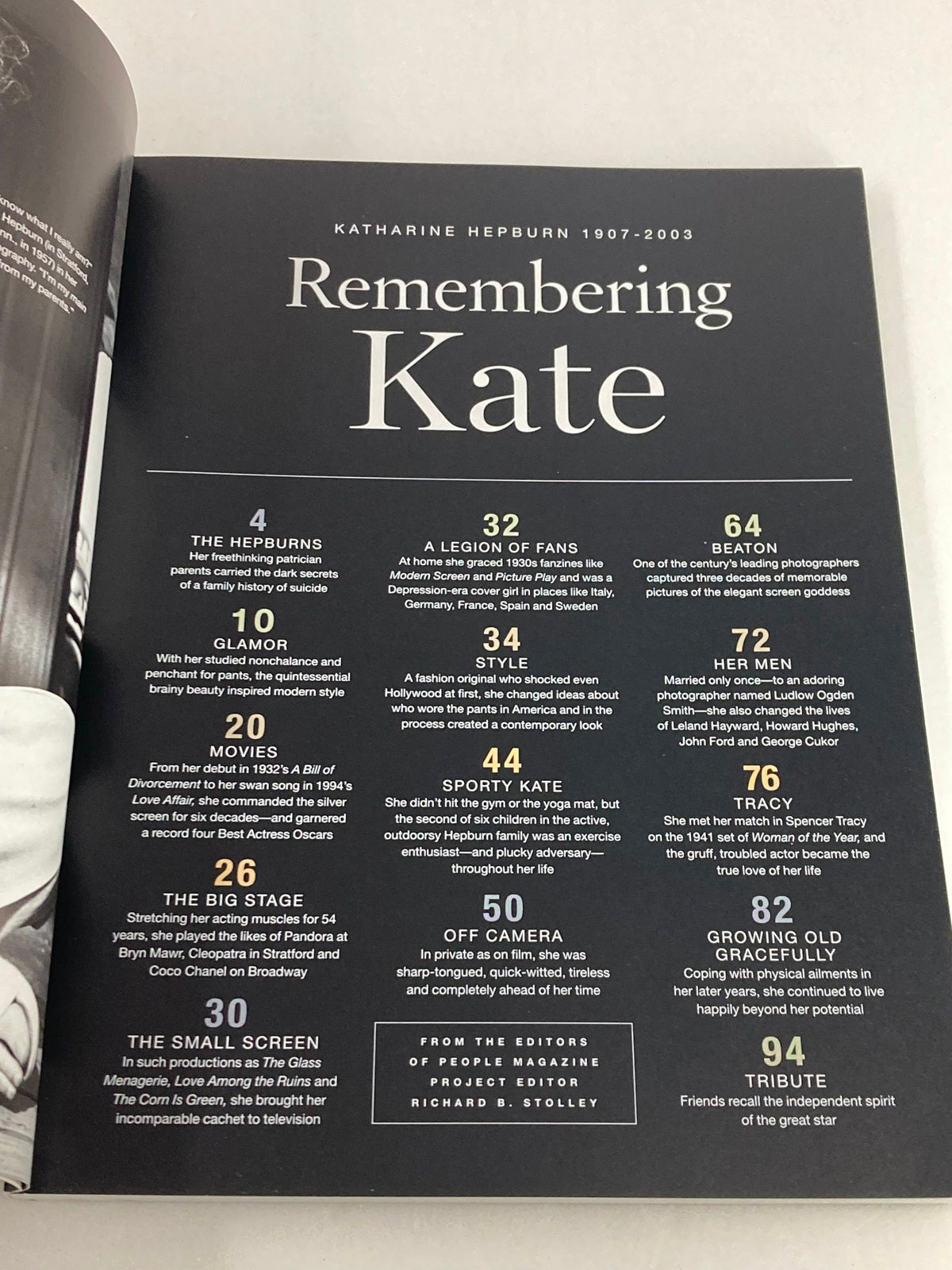 Inside page of the People Magazine Tribute Commemorative Issue dedicated to Katharine Hepburn (1907-2003), featuring the contents section highlighting various articles about her life.