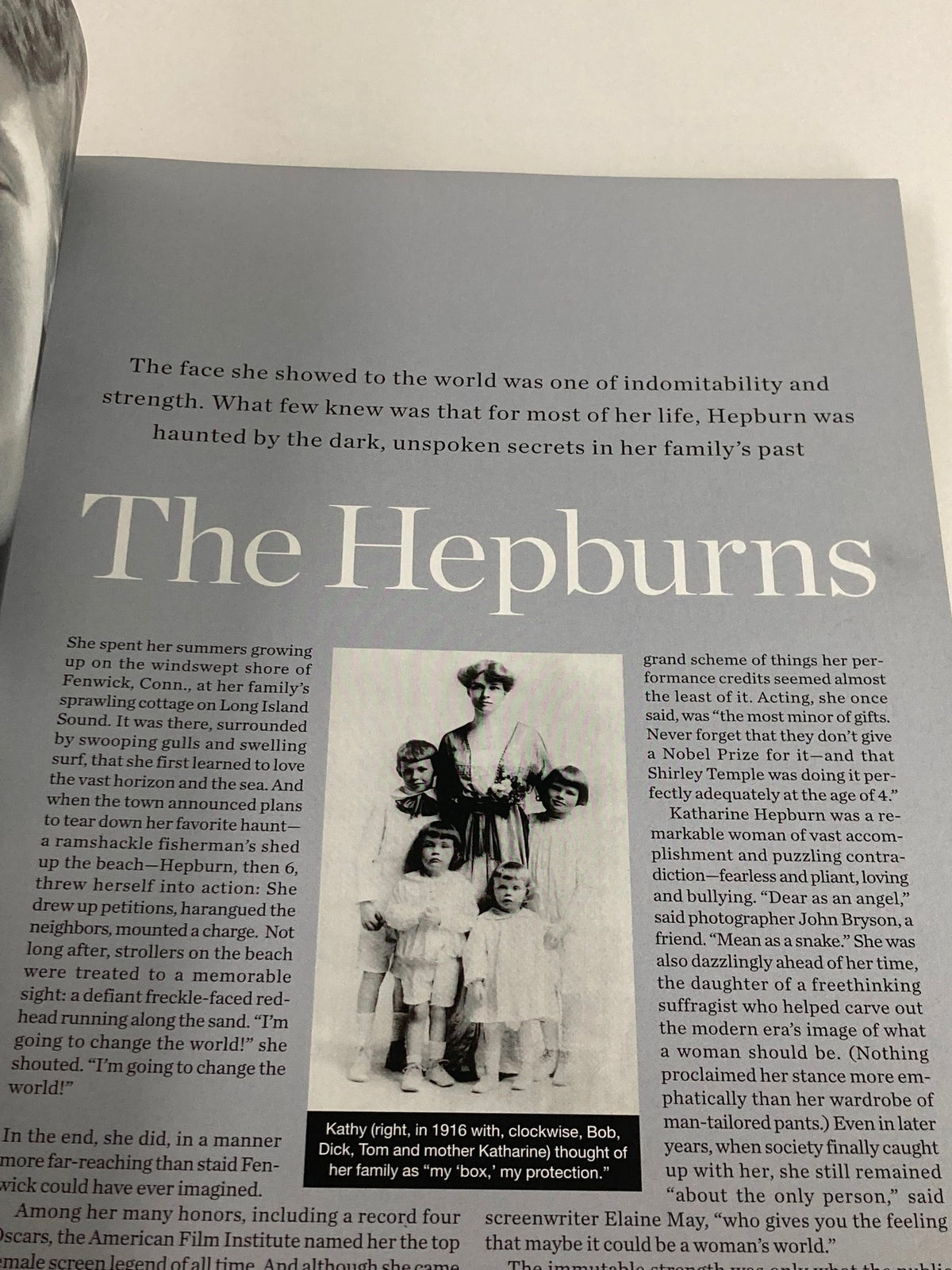 An inside page from the People Magazine Tribute Commemorative Issue showcasing Katharine Hepburn (1907-2003) with a photograph of her family, highlighting the personal side of her life.