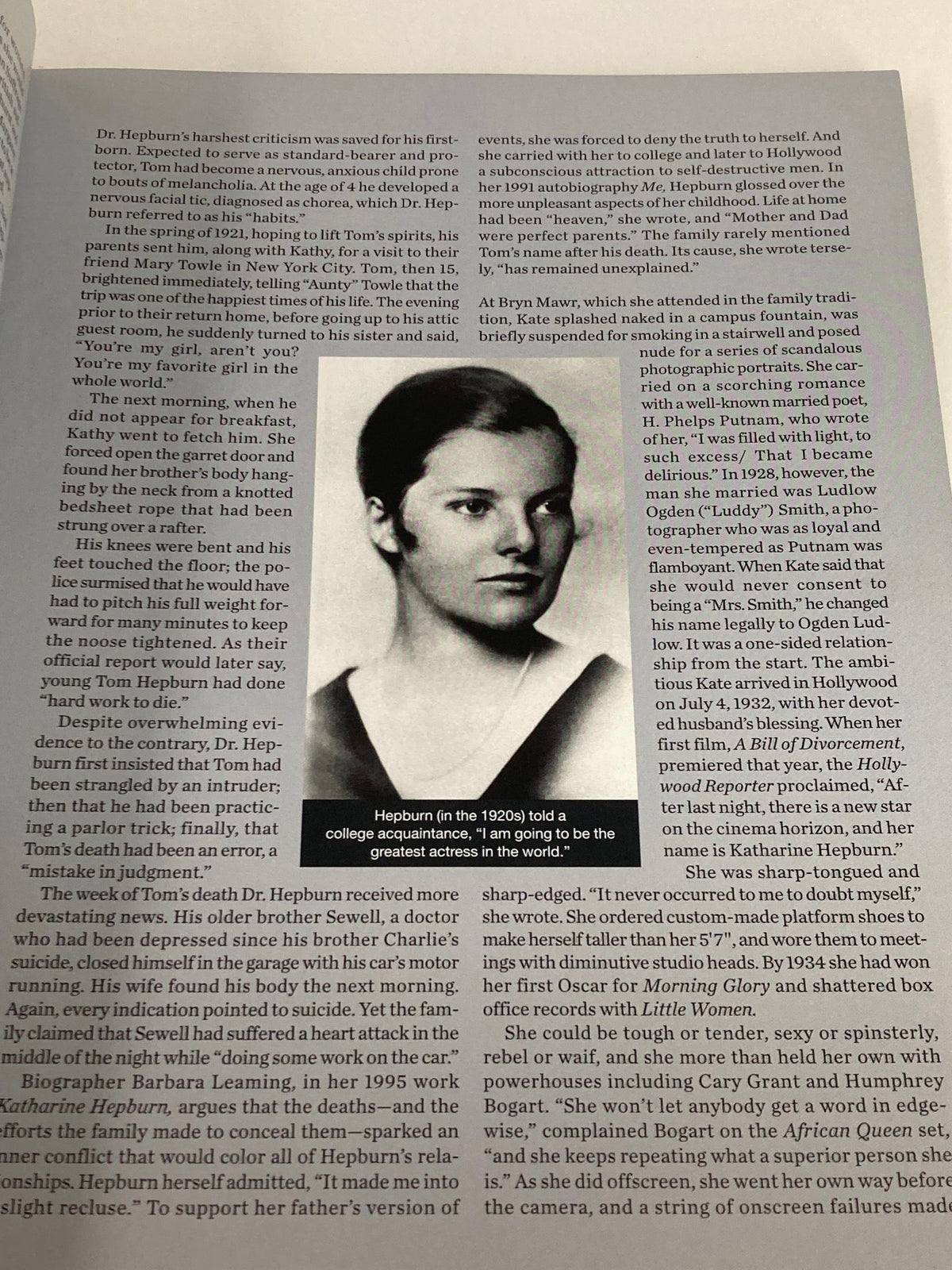 A page from the People Magazine Tribute Commemorative Issue featuring a classic portrait of Katharine Hepburn (1907-2003) from her youth, emphasizing her early years and resilience.