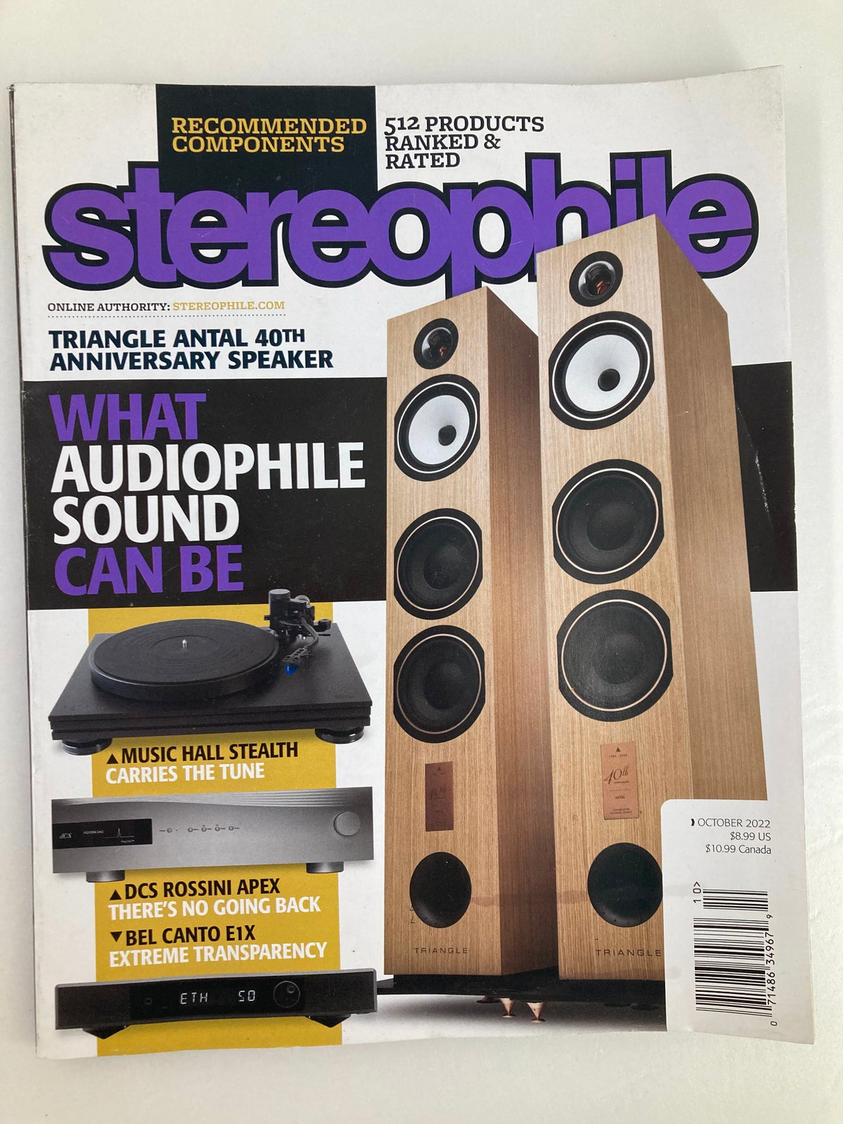Cover of Stereophile Magazine October 2022 featuring the DCS Rossini Apex and Bel Canto E1X along with a striking image of audio speakers and a turntable, showcasing the essence of high-end audio equipment.