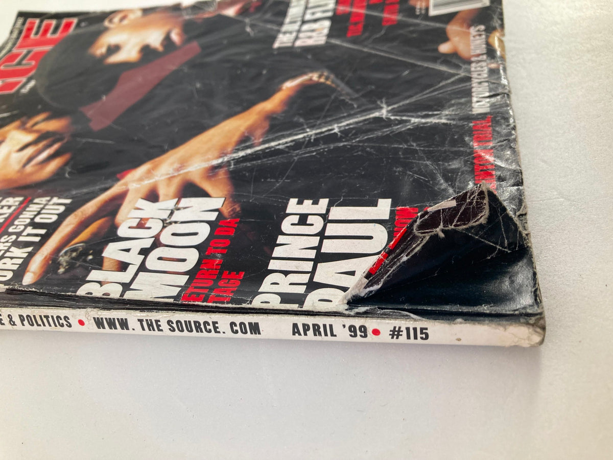 Side view of The Source Magazine April 1999, Issue No. 115, highlighting the magazine's notable wear and tear, indicative of its vintage status as a collectible.