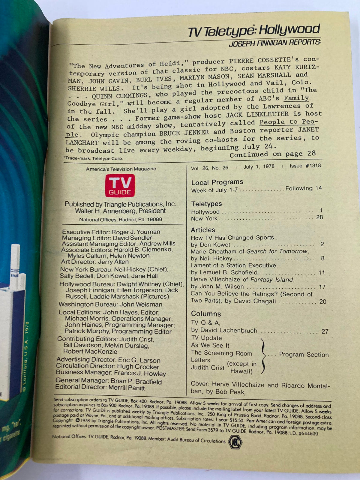 Inside page of TV Guide Magazine July 1 1978, providing information on television programming for the week, including articles and updates.