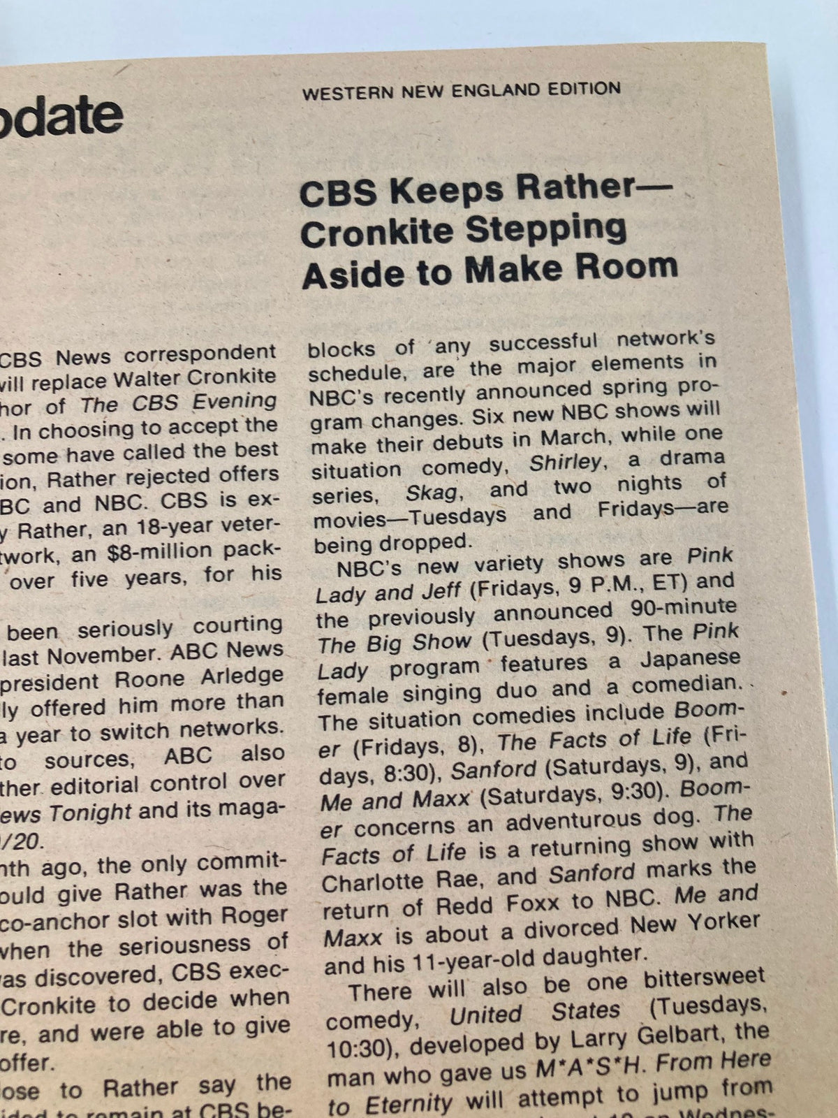 Inside page of TV Guide Magazine February 23 1980 showing CBS programming updates, including details about new television shows and changes in the broadcasting schedule, part of the Western New England Edition.
