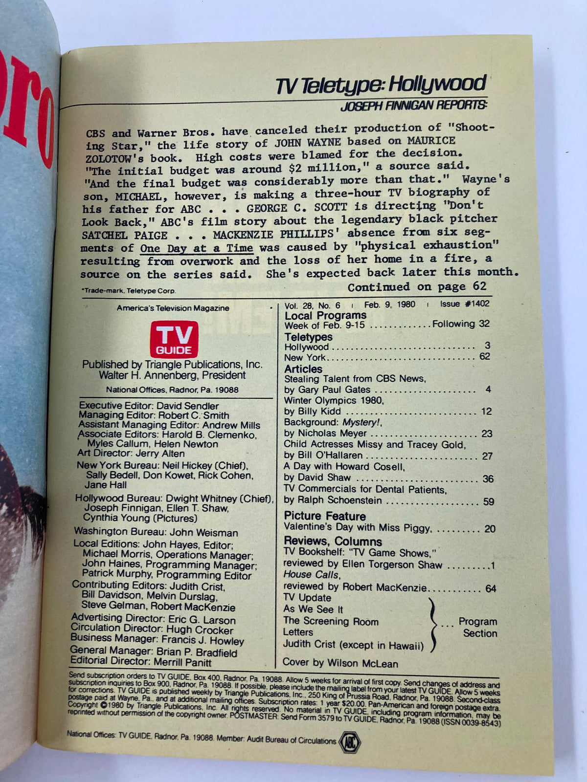 Inside page of TV Guide Magazine February 9 1980 with updates on Hollywood, including news about CBS and Warner Bros. productions, exemplifying the entertainment industry's historical context.