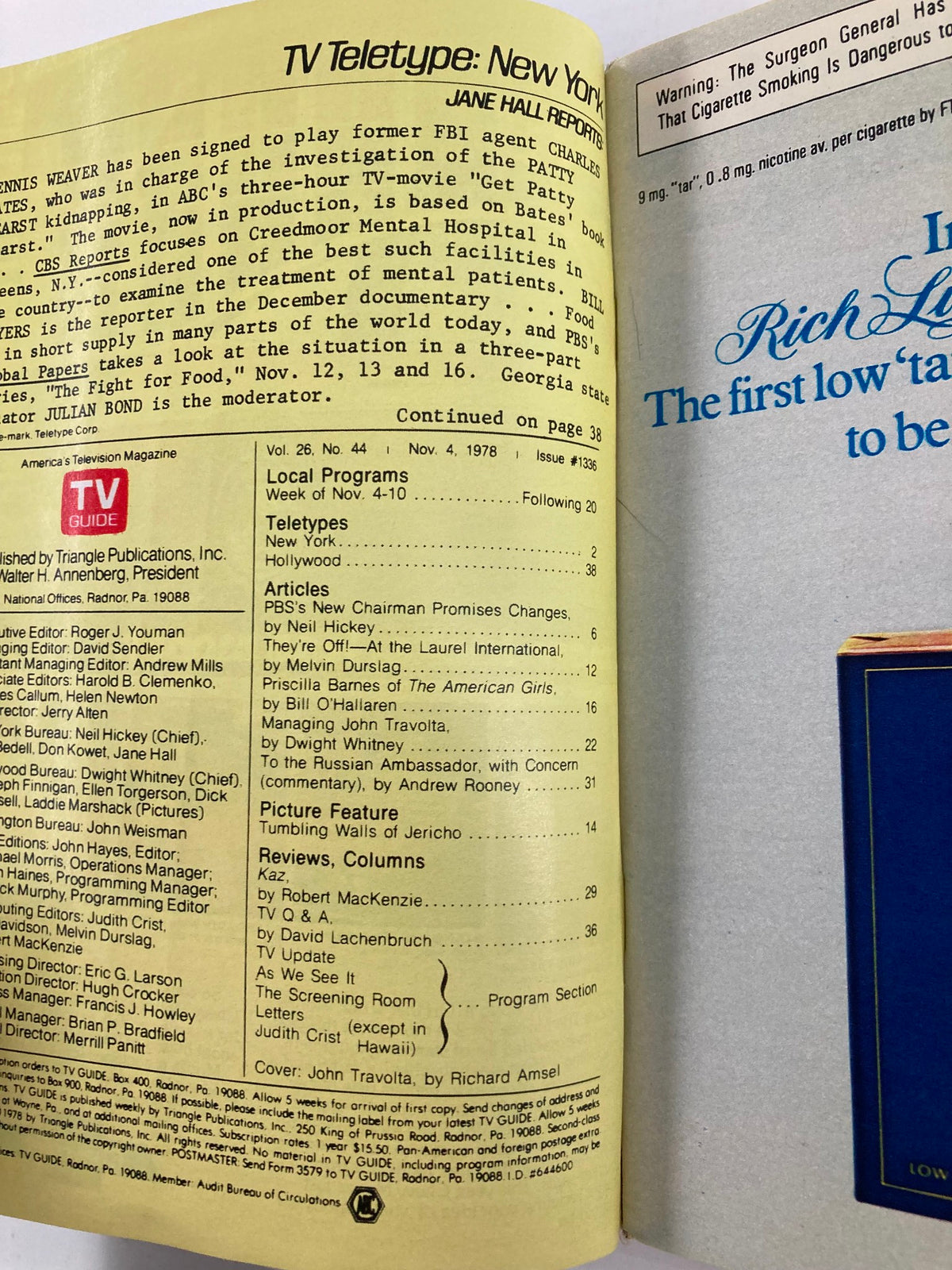 Inside page of the TV Guide Magazine from November 4, 1978 featuring articles and programming highlights. The issue showcases John Travolta on the cover, reflecting the vibrant spirit of the late 1970s.