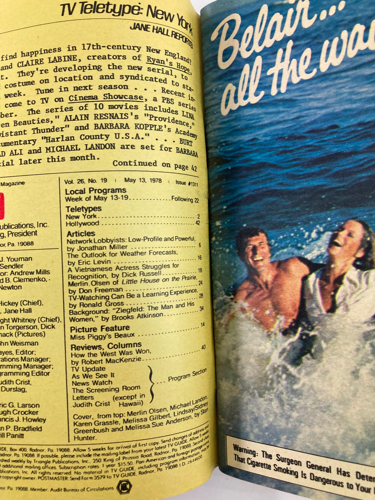 Inside page of TV Guide Magazine May 13, 1978, issue #1311, showcasing listings and articles about key 1970s TV shows, including coverage of popular series and upcoming programming.