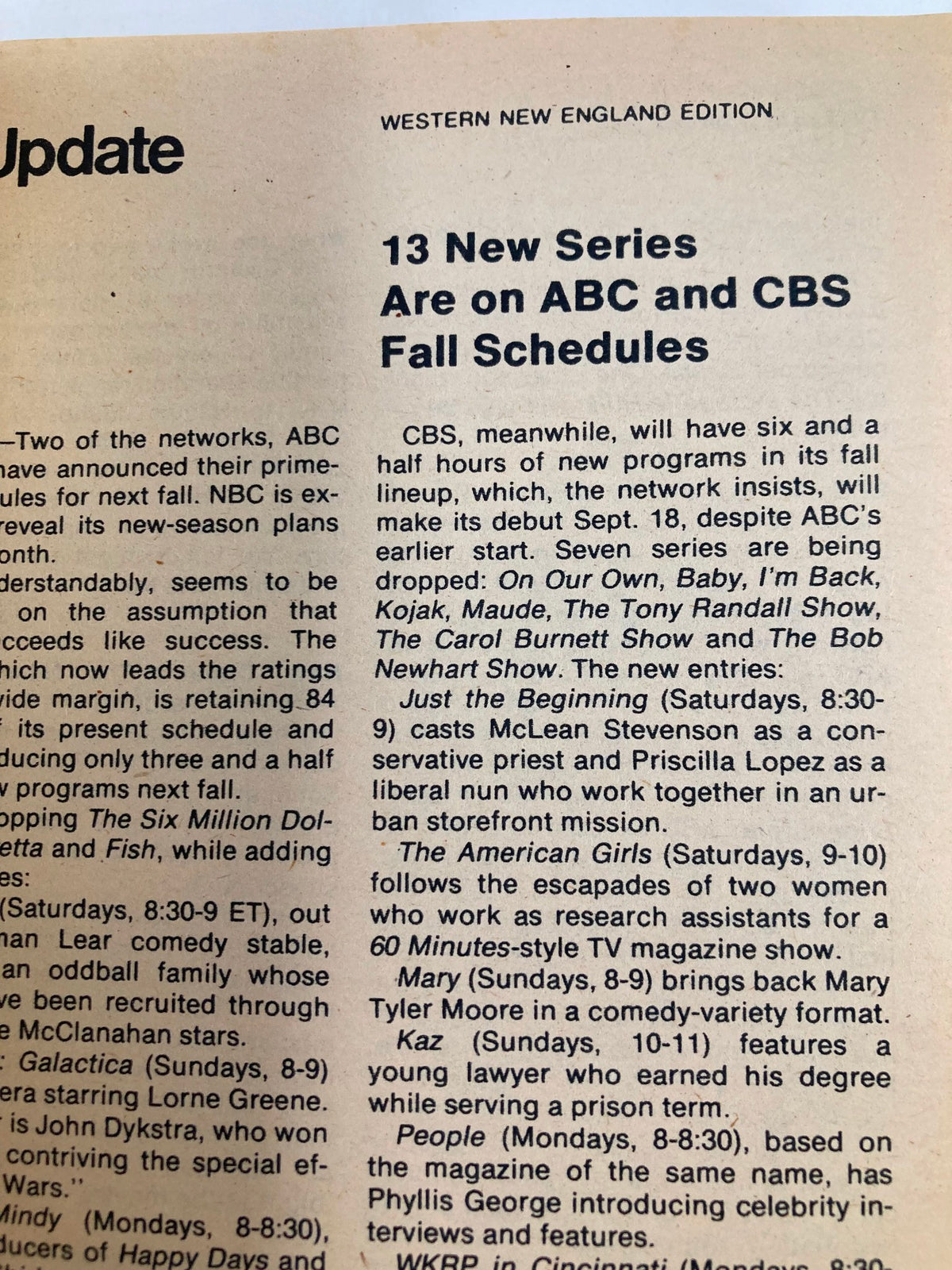 Western New England Edition update page from TV Guide Magazine May 13, 1978, issue #1311 detailing new series on ABC and CBS for the upcoming fall schedule.
