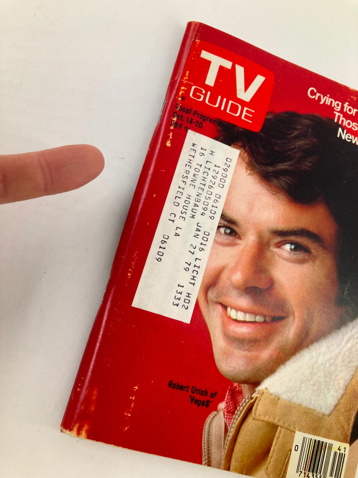 Close-up of the TV Guide Magazine October 14, 1978 cover showcasing Robert Urich, with a visible address label and vintage styling.