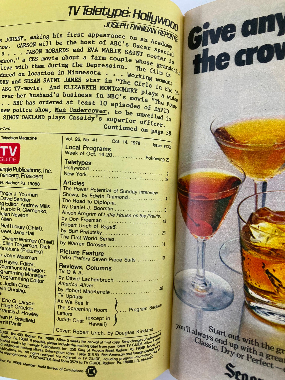 Interior pages of TV Guide Magazine October 14, 1978, including TV Teletype and advertisements relevant to the era.