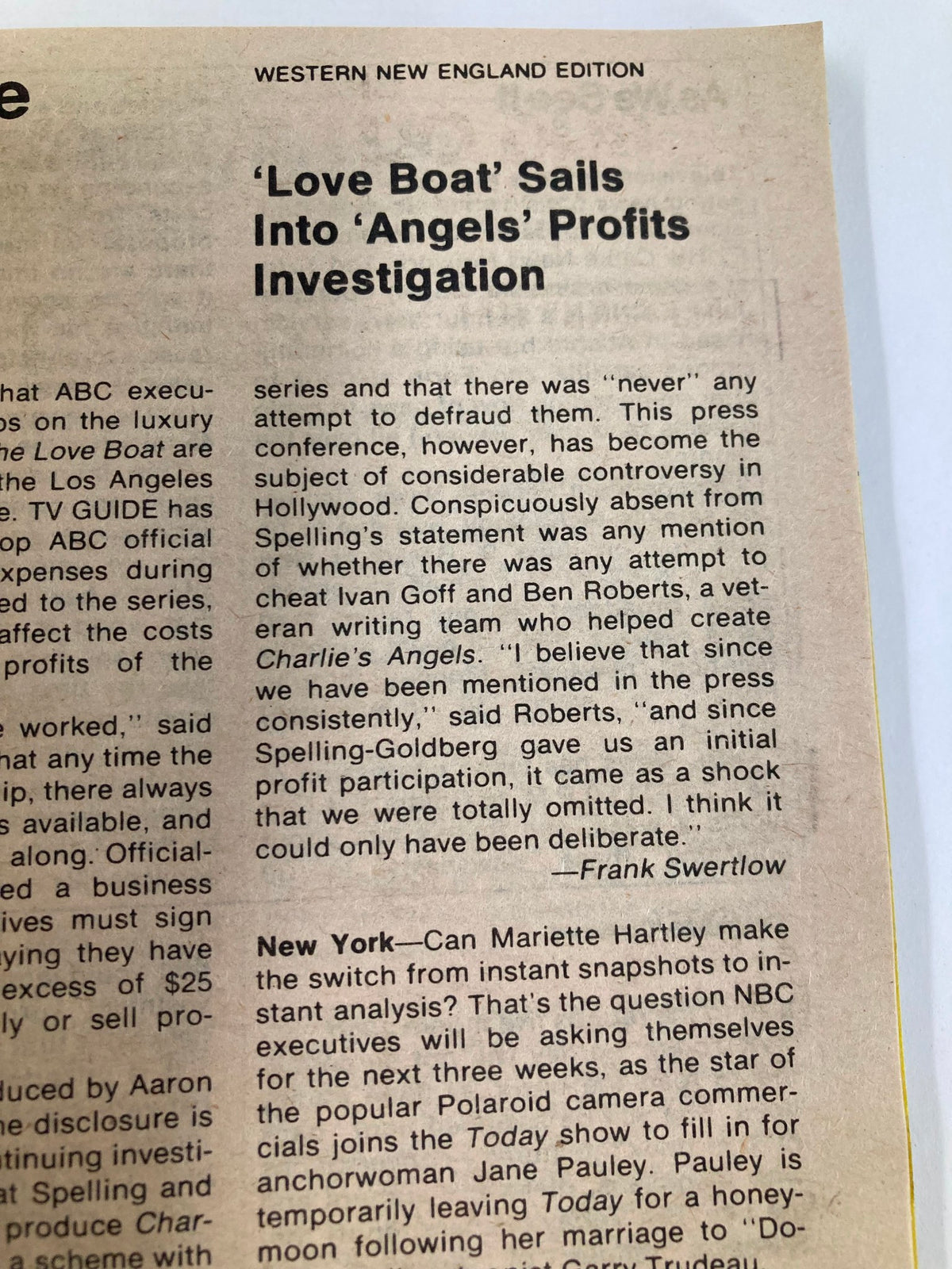 TV Guide Magazine June 14 1980 issue #1420 article featuring a segment on the television show 'Love Boat' and its investigation into 'Angels' profits, part of the Western New England Edition. Highlights include industry commentary and insights on production controversies.