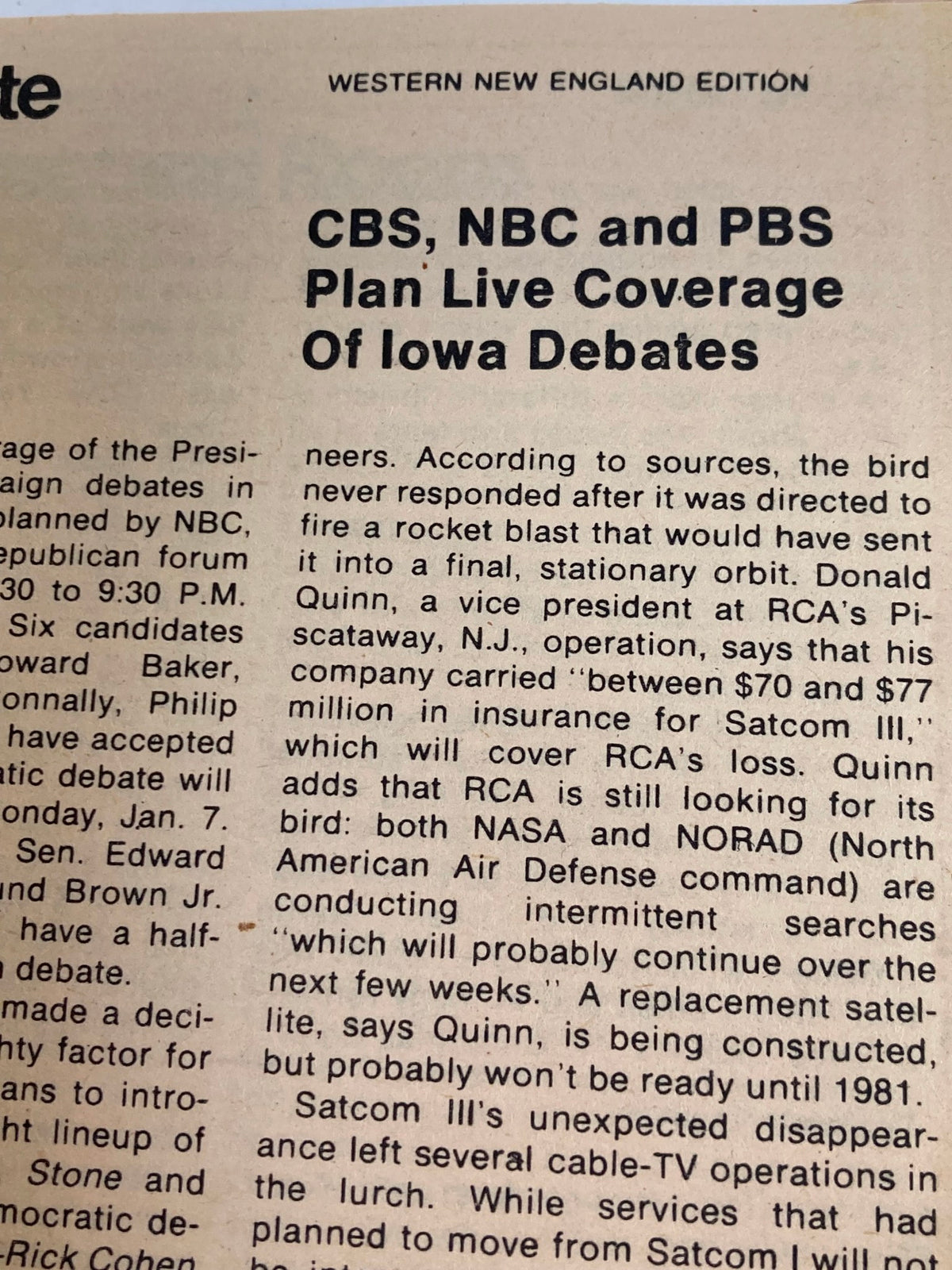 Inside page of TV Guide Magazine December 29 1979 discussing the live coverage plans by CBS, NBC, and PBS for the Iowa debates, showcasing the magazine's focus on notable television events.